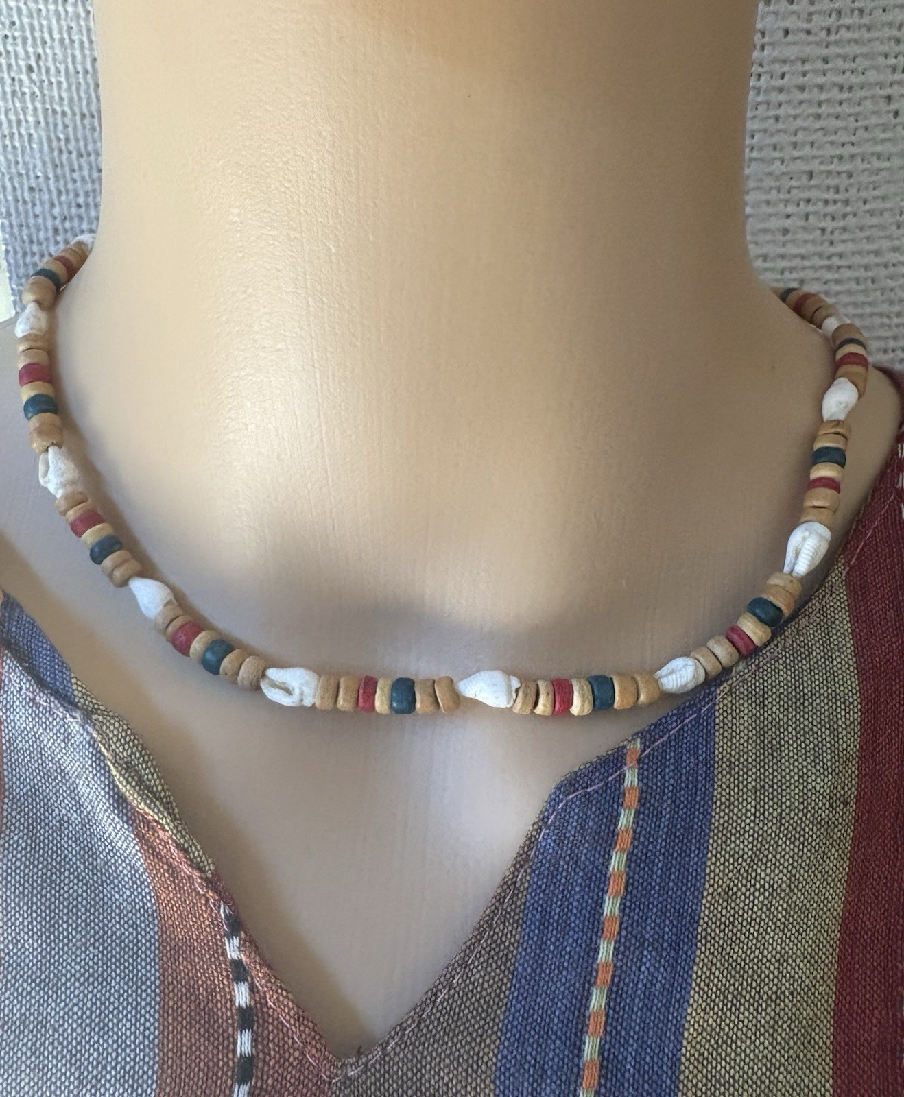 Multicolor Shell Wood Bead Choker Necklace 18 in Beach Bohemian Beaded