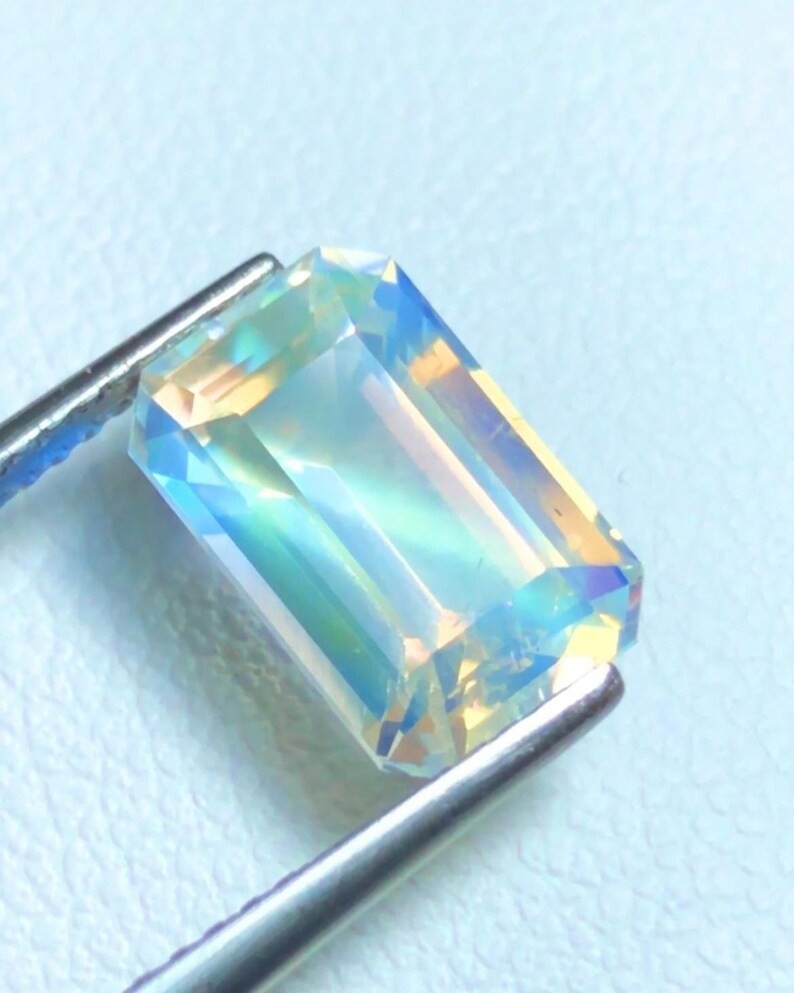 Natural Rainbow Moonstone Emerald Cut Loose Gemstone From Madagascar 3.29 Ct
