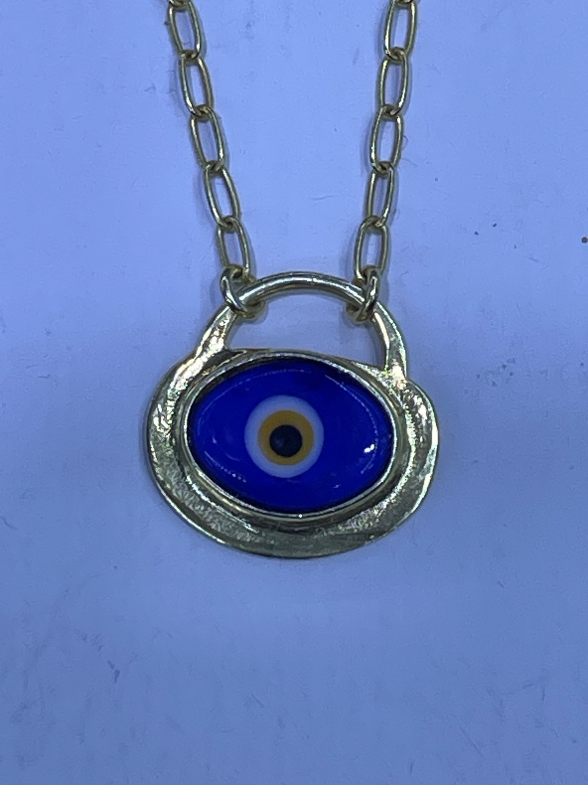 18k Yellow Gold Blue Evil Eye GREEK PADLOCK PAPERCLIP LINK 18″ CHAIN NEW