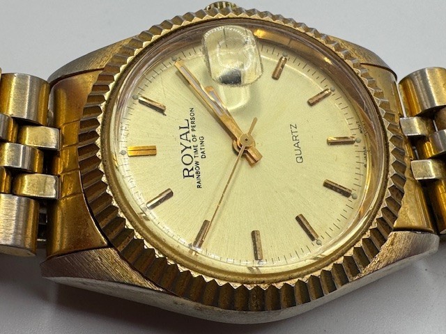 Vintage Men’s AXIS Royal Rainbow Time Gold Tone Quartz Date Watch New Battery