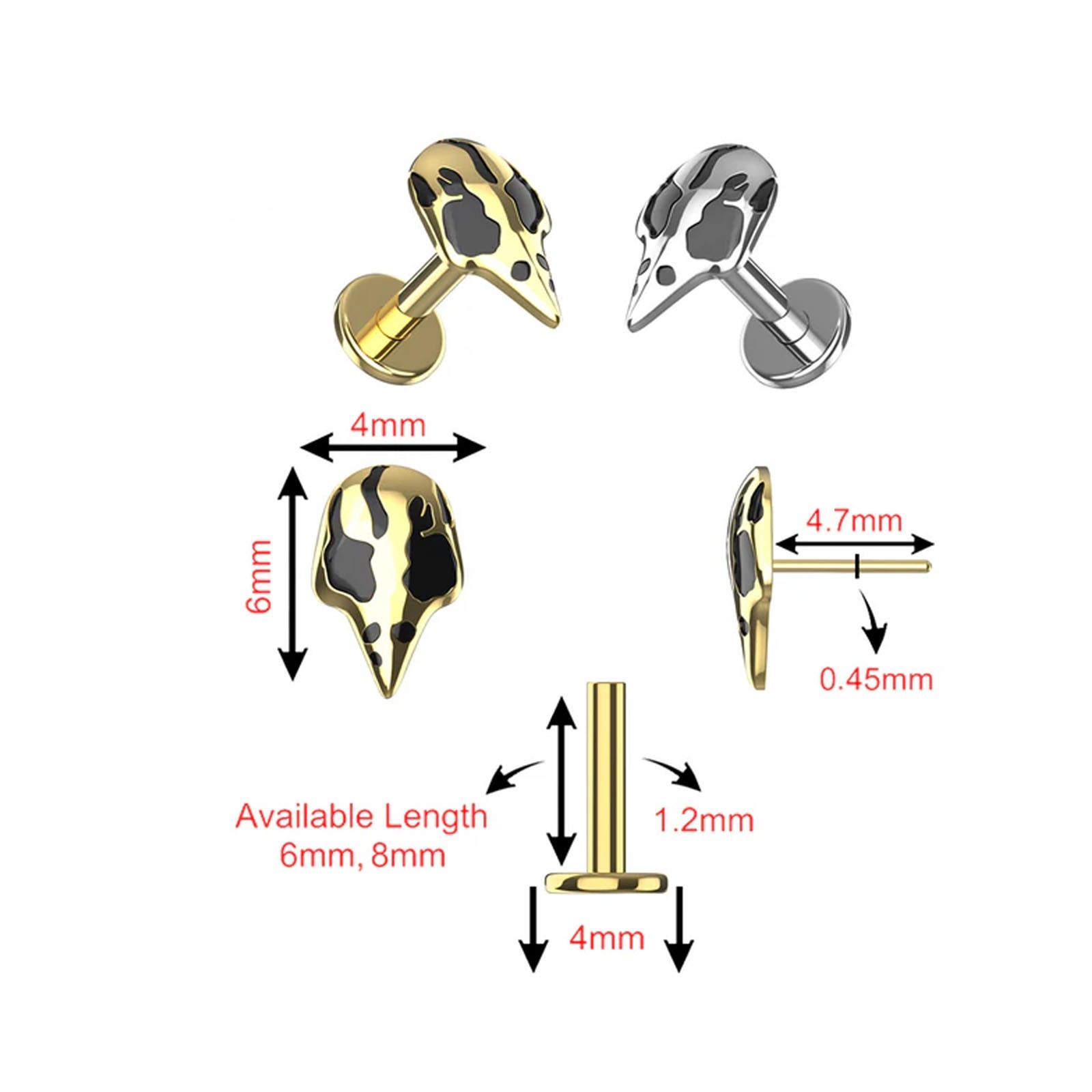 G23 Titanium Raven Skull Threadless Push Fit Flat Back Labret Helix Tragus Stud