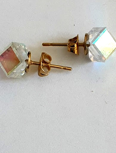 VTG Aurora Borealis Clear Glass Cube Stud Earrings Surgical Steel With Box