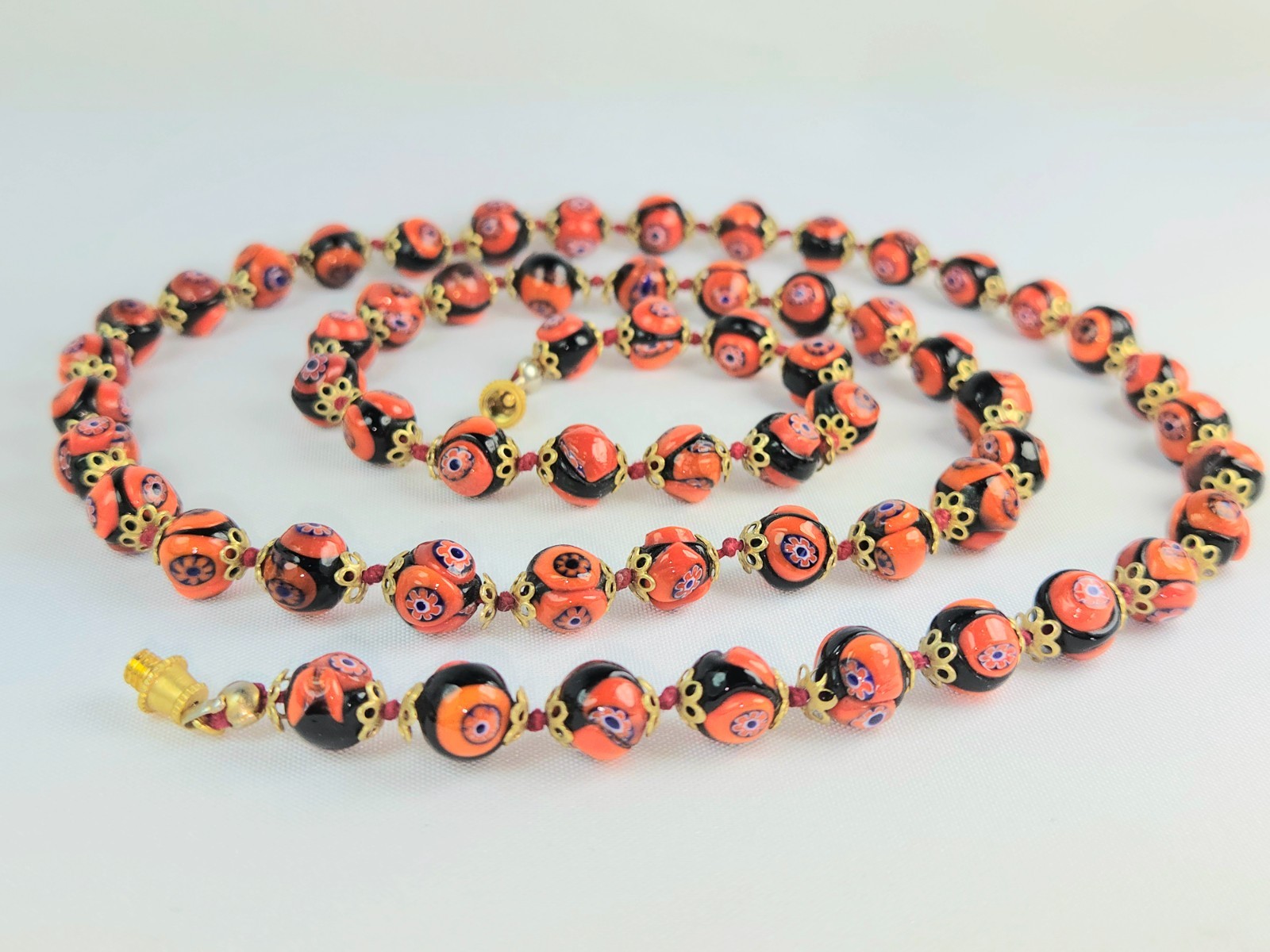Vintage Murano Venetian Red Glass Millefiori Beaded Necklace 28″