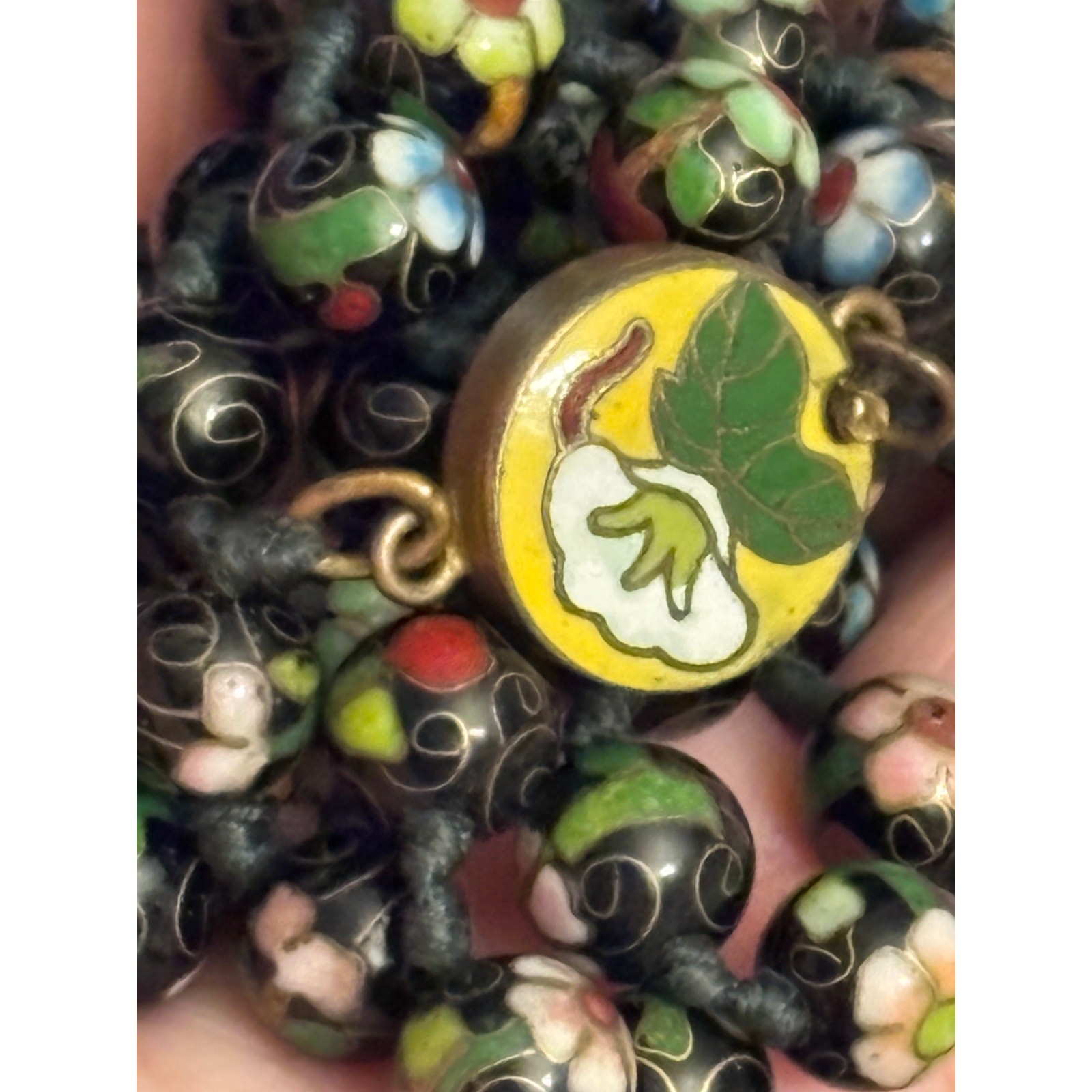 Vintage Chinese Cloisonne Bead Necklace 30in Double Knotted Silk 8mm