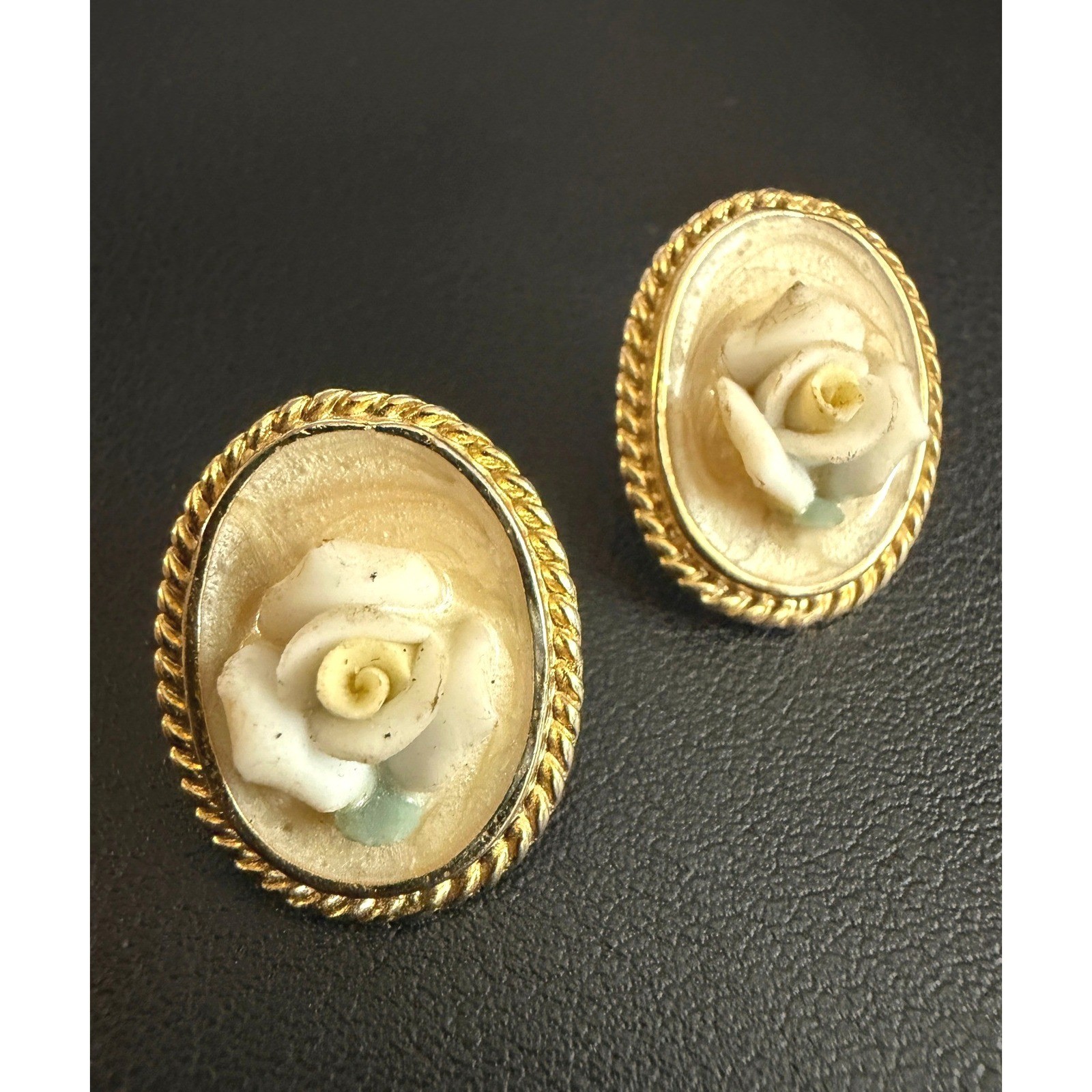 Vintage Earrings Romantic Enamel Porcelain Floral Gold Tone White Cream