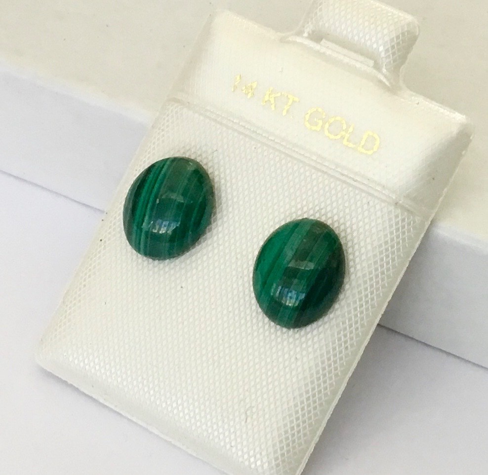 Genuine Natural Malachite Cabochon In Solid 14K Gold Stud Earrings NEW