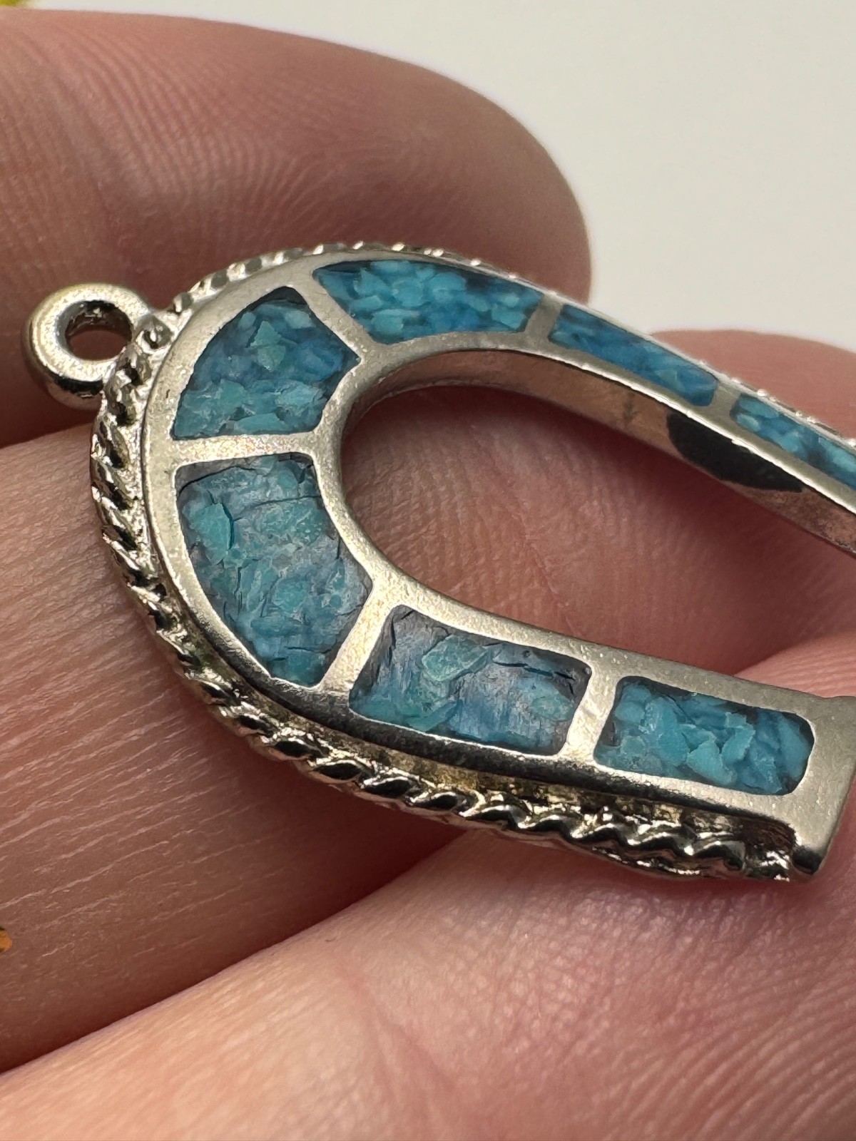 Vintage Horseshoe Pendant Silver Tone Turquoise Look Inlay Lucky Charm