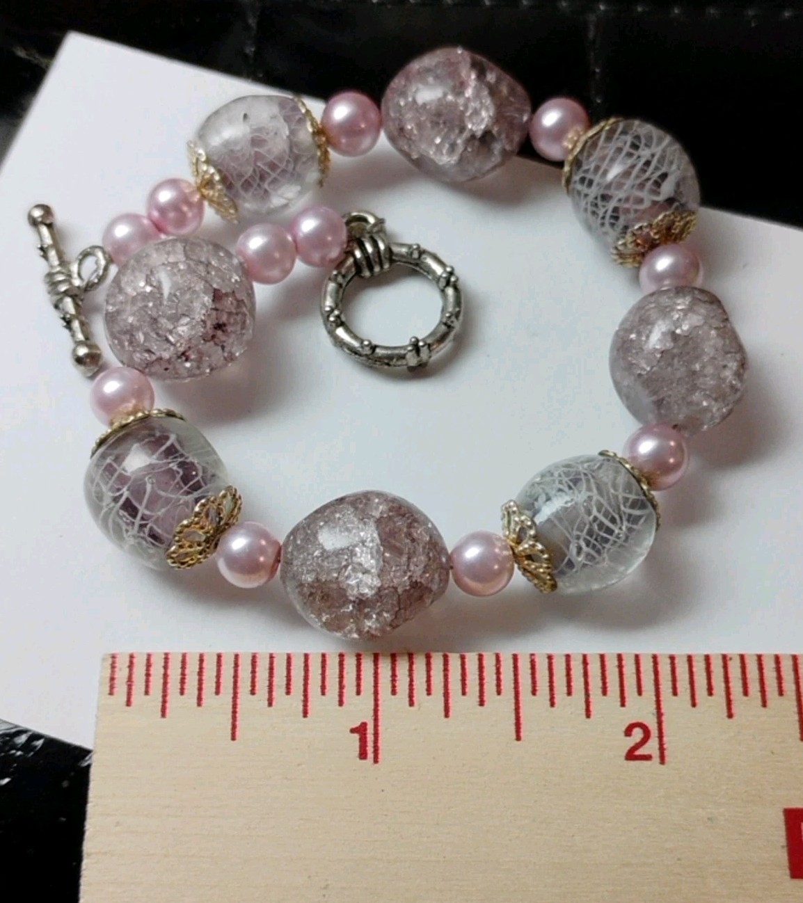 Artisan Chunky ART Glass (Crackle/Swirl) Dusty Rose Faux Pearl Bracelet!