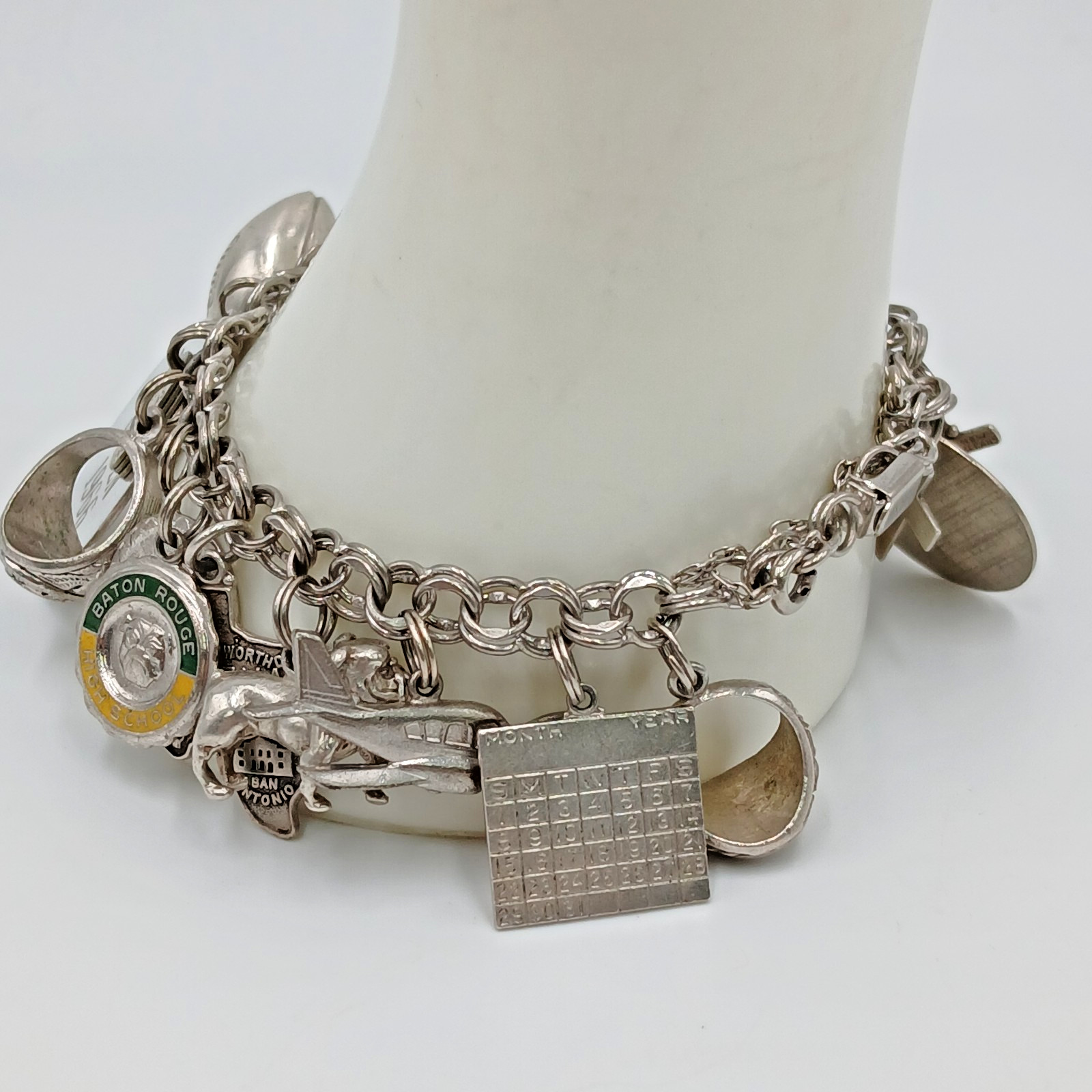 VTG 60s Charm Bracelet 8in Sterling Silver 70g JANE School Travel Faith South US