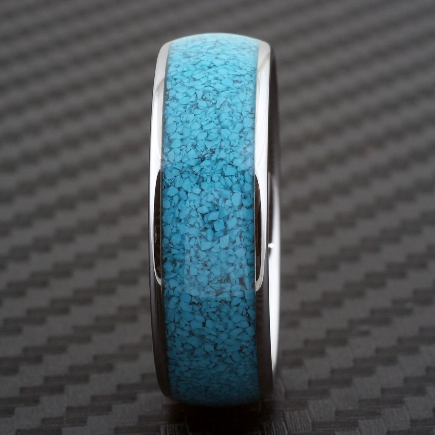 8mm Silver, Black or Rose Gold Plated Tungsten w/ Crushed Turquoise Men’s Ring