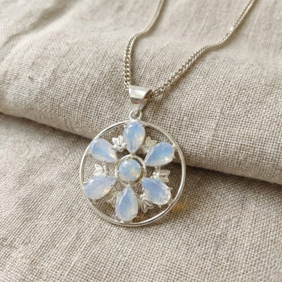 Moonstone Flower Pendant | 50–55 Ct White Crystal in Sterling Silver Necklace