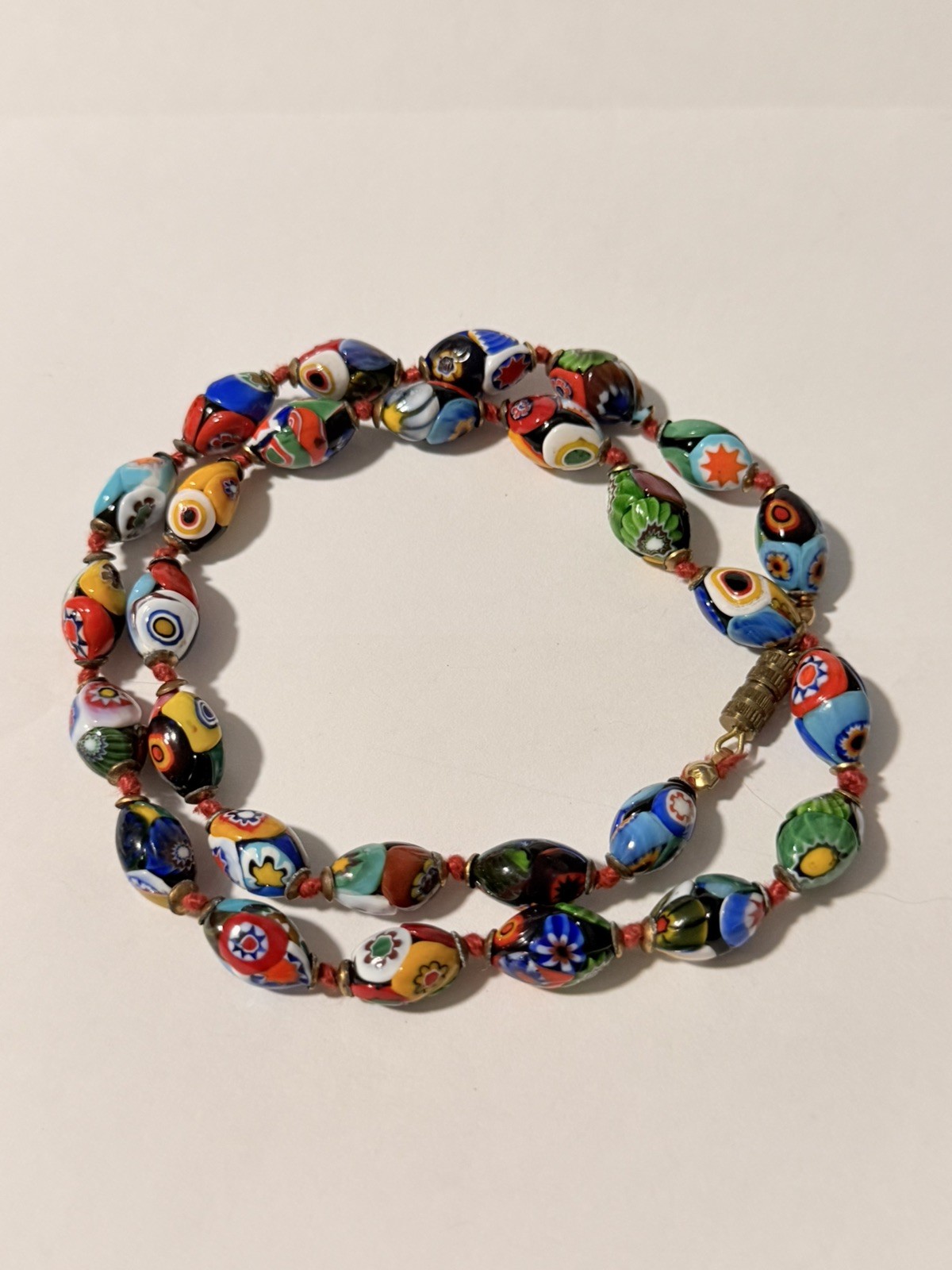 Vintage Murano Millefiori Art Glass Necklace Venetian Lampwork Oval Beads 20.5”