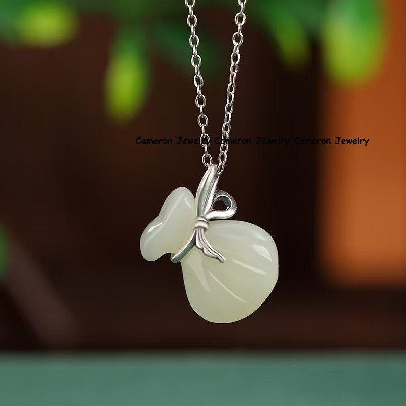 Pure S925 Sterling Silver Natural Hetian Jade Fortune Bag Pendant 18*12mm