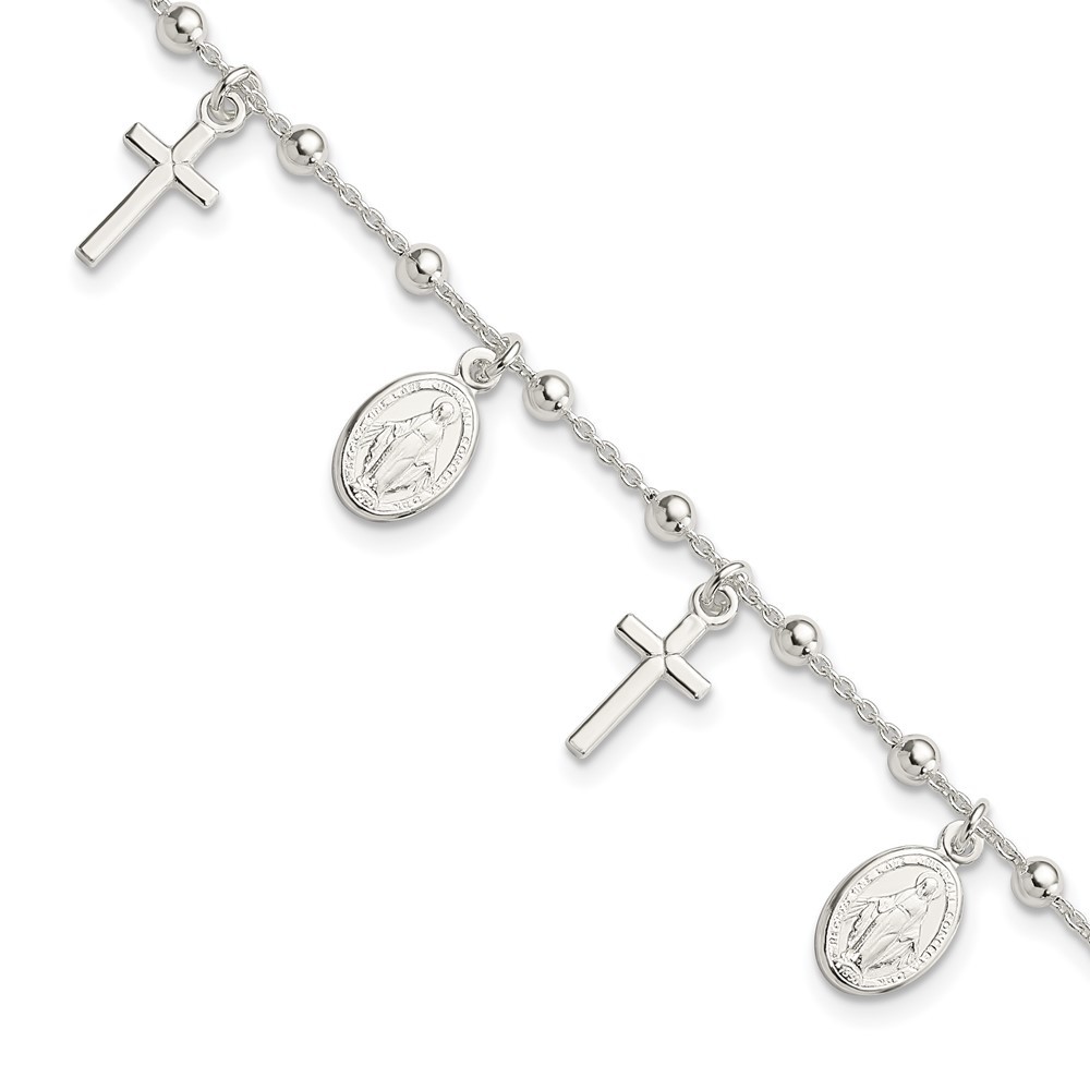Sterling Silver Polished Cross Miraculous Medal Bracelet 6.25″ w/1in ext. 4.7gm