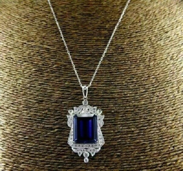 3Ct Emerald Cut Blue Sapphire Halo Pendant 14K White Gold Finish Free 18″ Chain