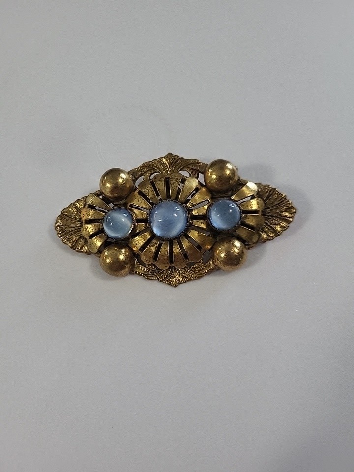 Antique Brooch Brass Three Blue Moonstone Layered 1920-1935 Art Deco