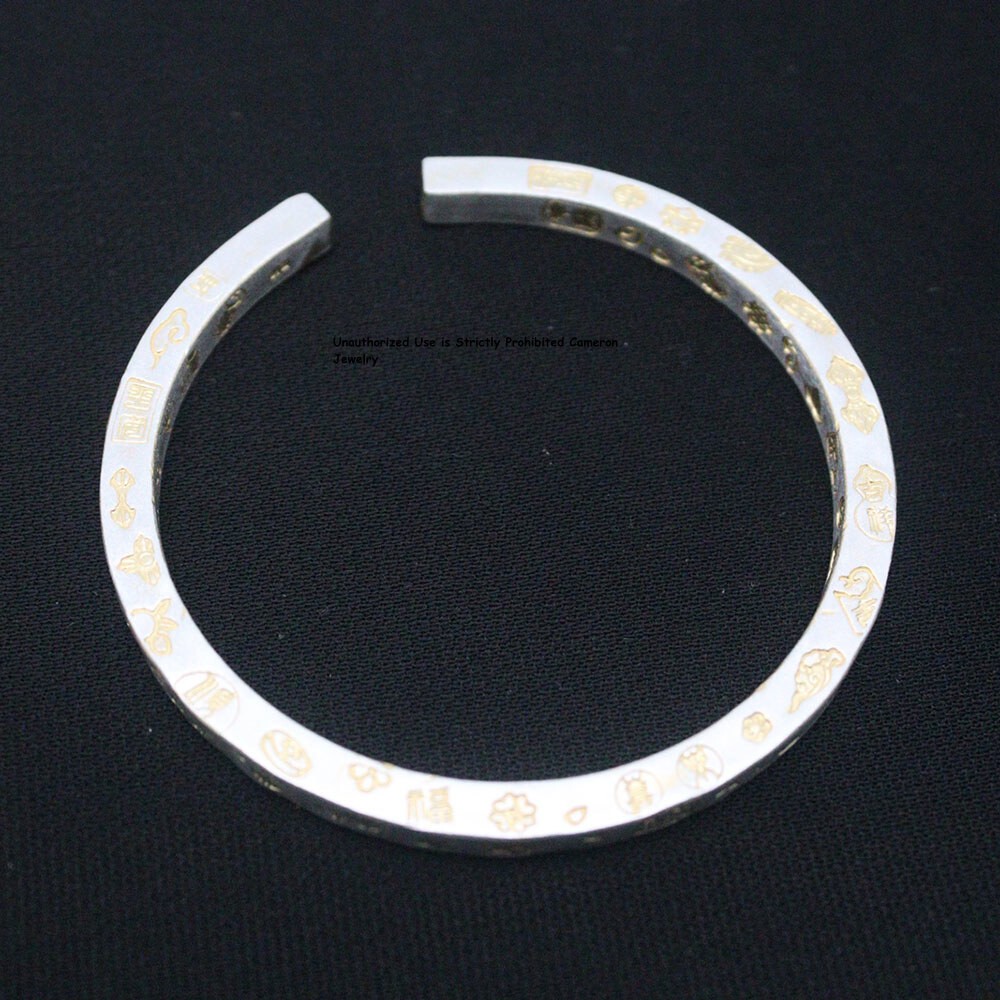 Pure S999 Fine Silver 999 Bracelet 5mm Enamel Square Heart Sutra Figure Bangle