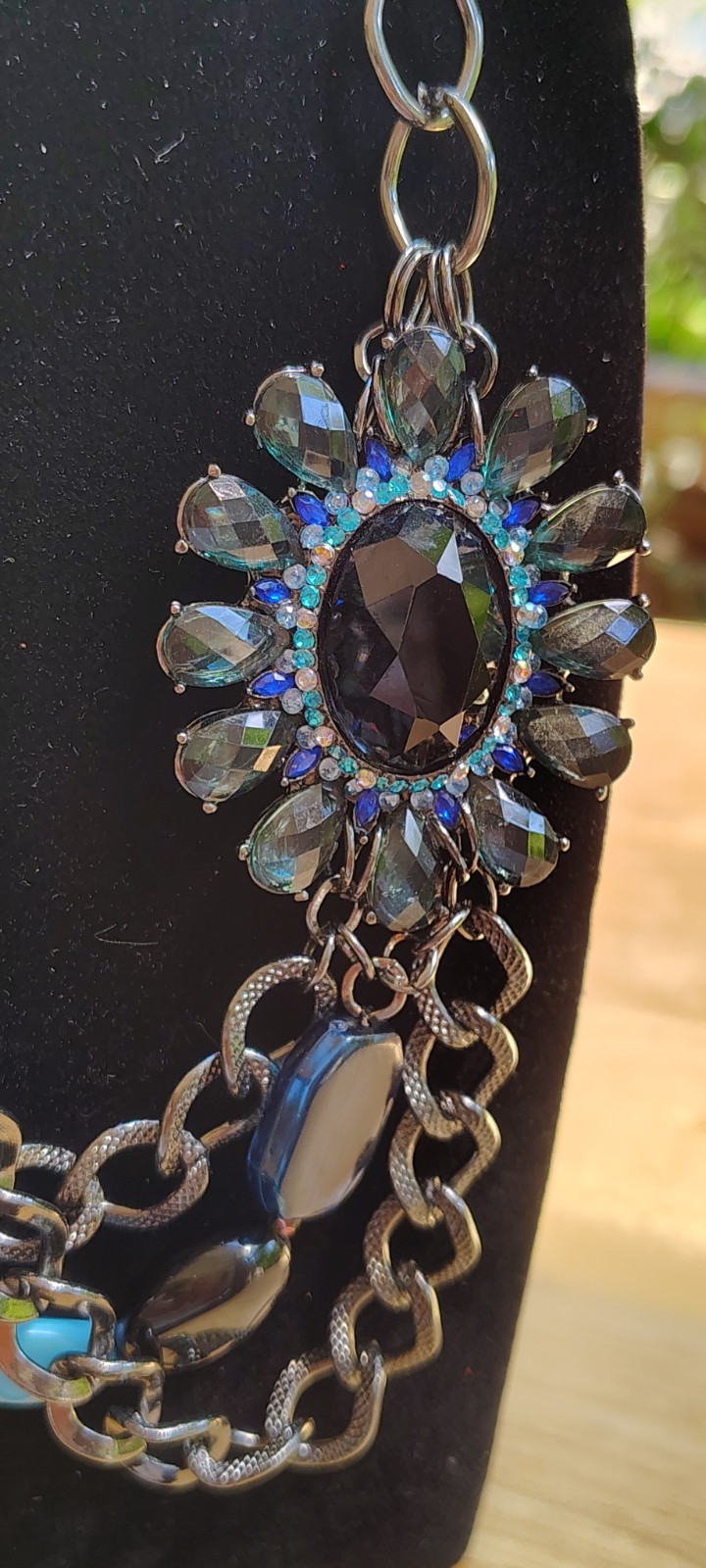 Blue Gray Crystal Flower Statement Necklace Gunmetal Chain Layered Bib