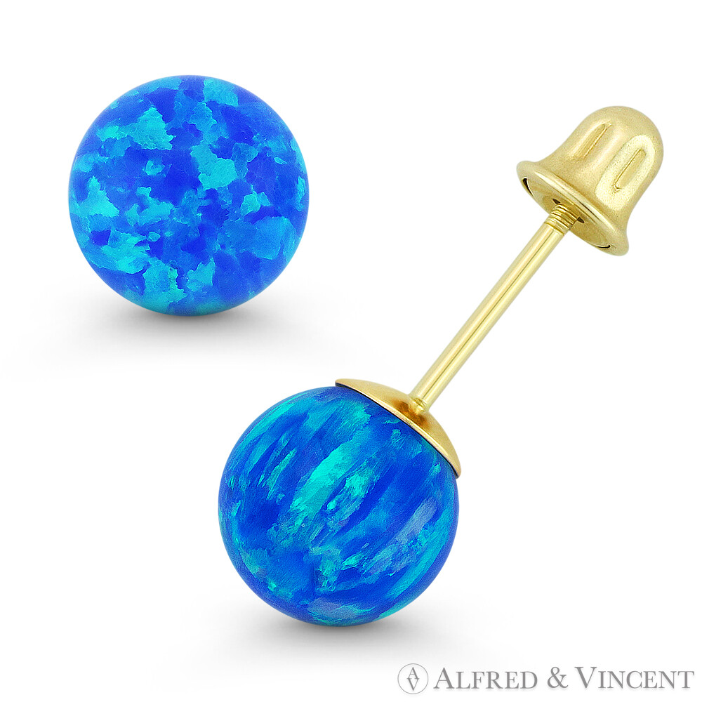 Fiery Pacific Blue Synthetic Opal 14k Yellow Gold Screwback Ball Stud Earrings