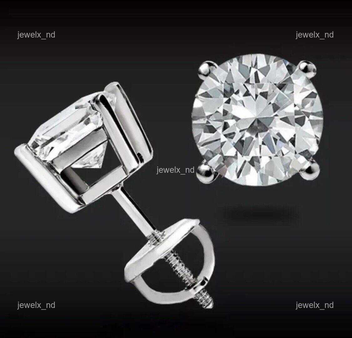 14K Solid White Gold Natural Diamond Stud Post Independent Lady Earrings Jewelry
