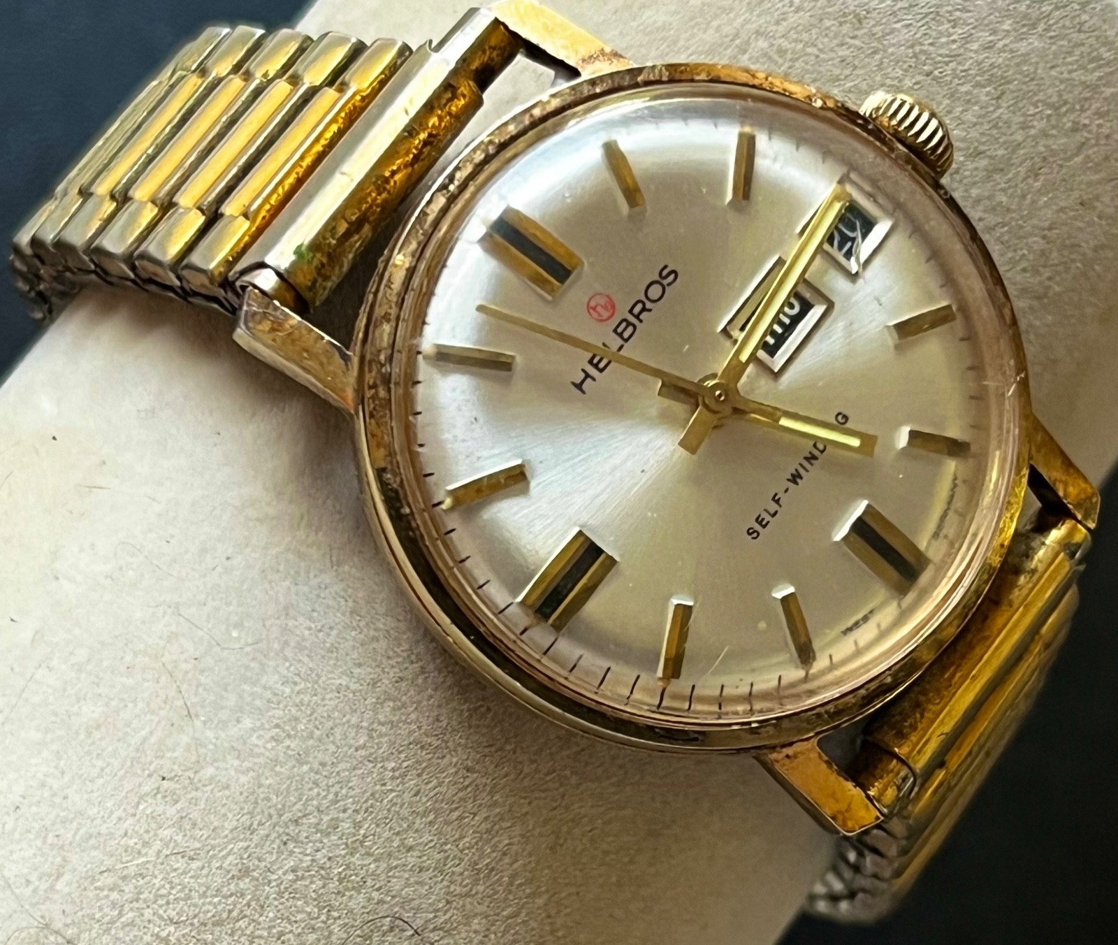 VINTAGE HELBROS WATCH AUTOMATIC DAY DATE SUNBURST GOLD PLATED MEN’S WEST GERMANY