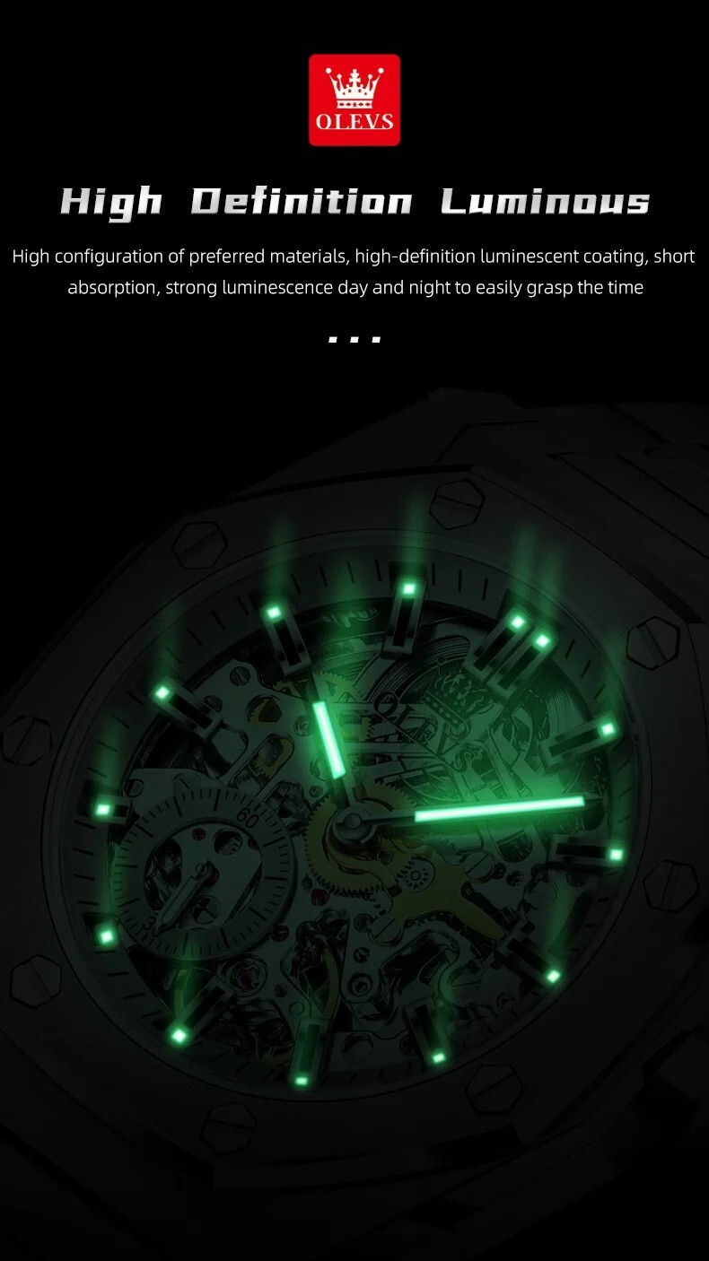 Automatic Mechanical Waterproof Luxury OLEVS Watch Skeleton Men Men’s Strap
