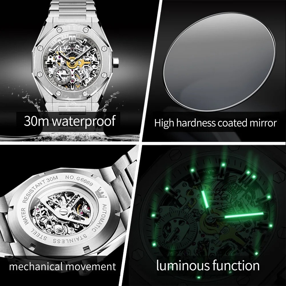 Automatic Mechanical Waterproof Luxury OLEVS Watch Skeleton Men Men’s Strap