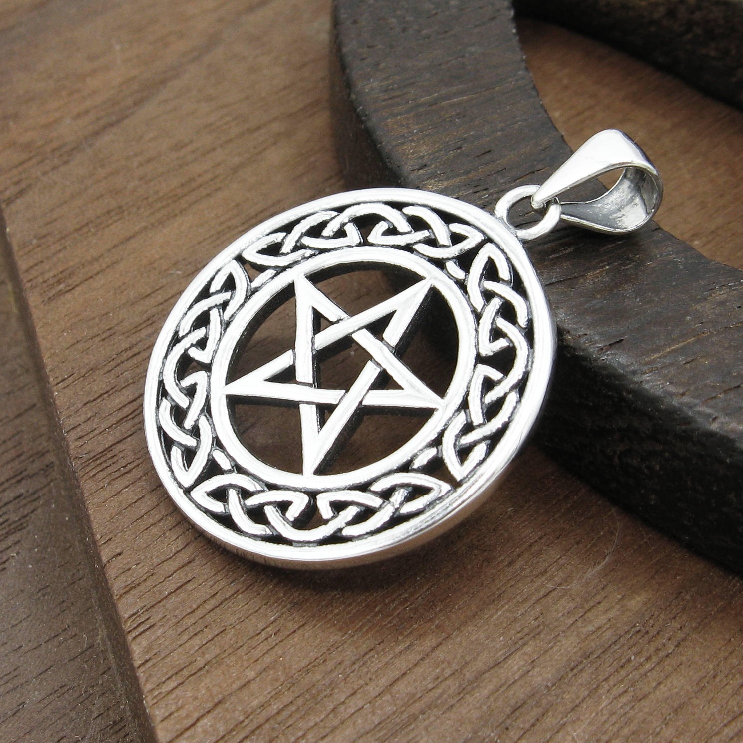 Pentagram Pendant Only – No Chain – Celtic Knot Border – 925 Sterling Silver