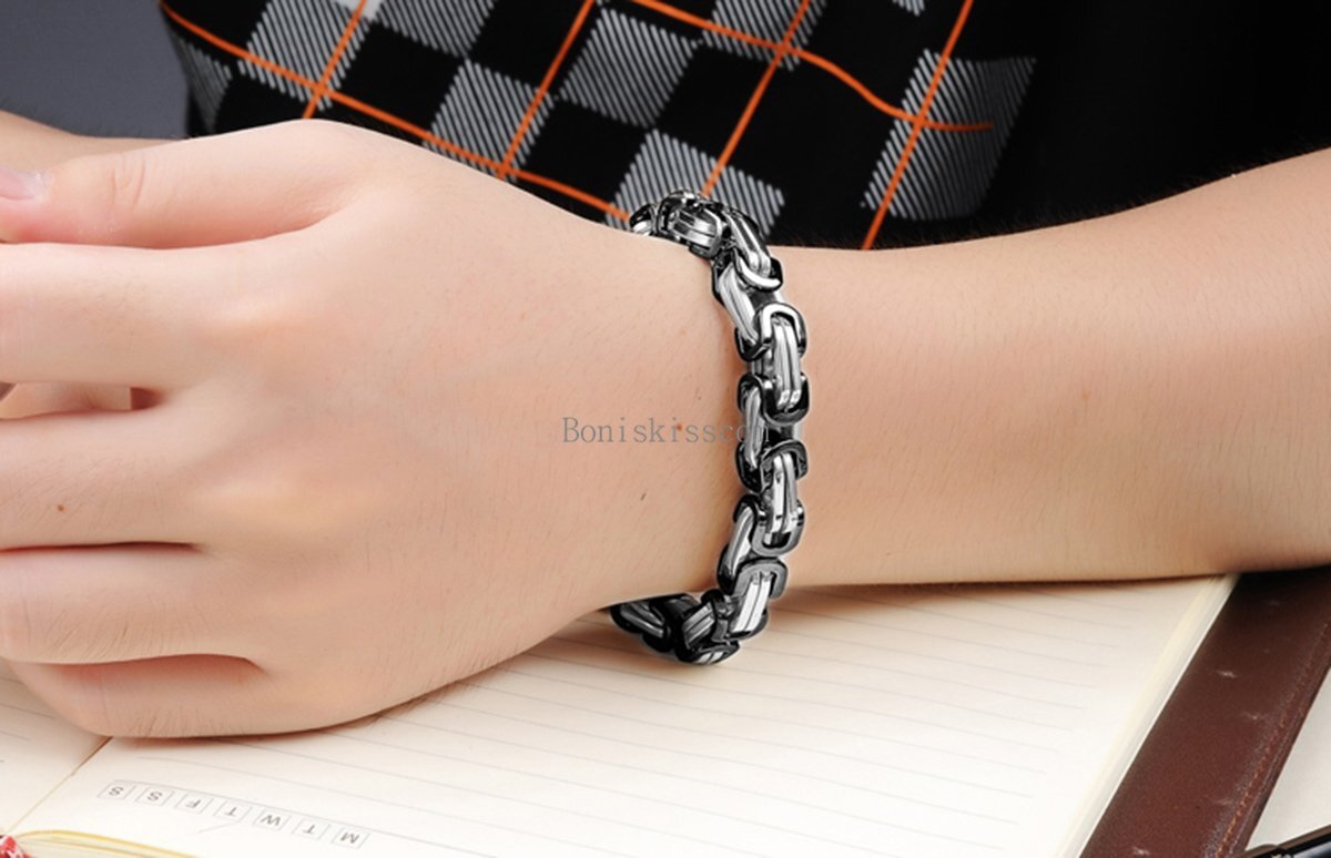 Silver Gold Black Tone Square Byzantine Stainless Steel Bracelet Mens Boys Chain