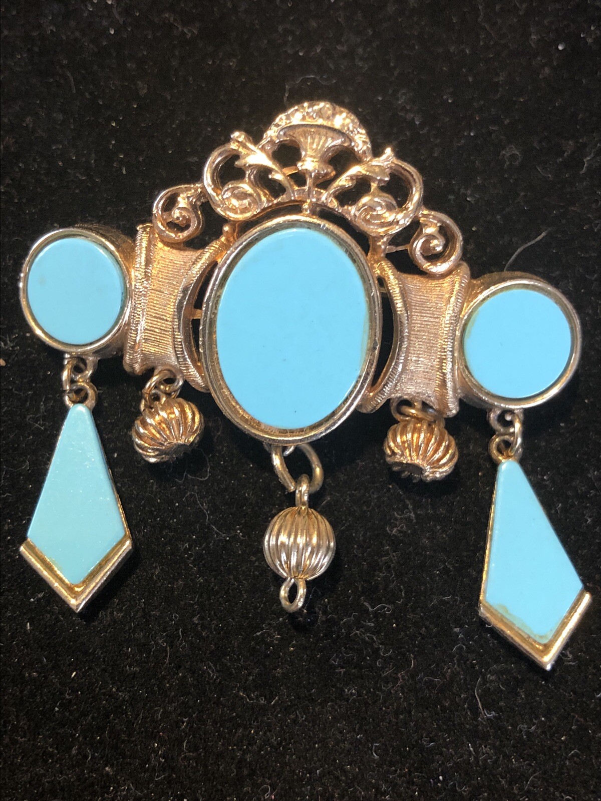 Vintage R. Mandle Oval Faux Turquoise Gold Tone Ornate Designer Brooch Pin