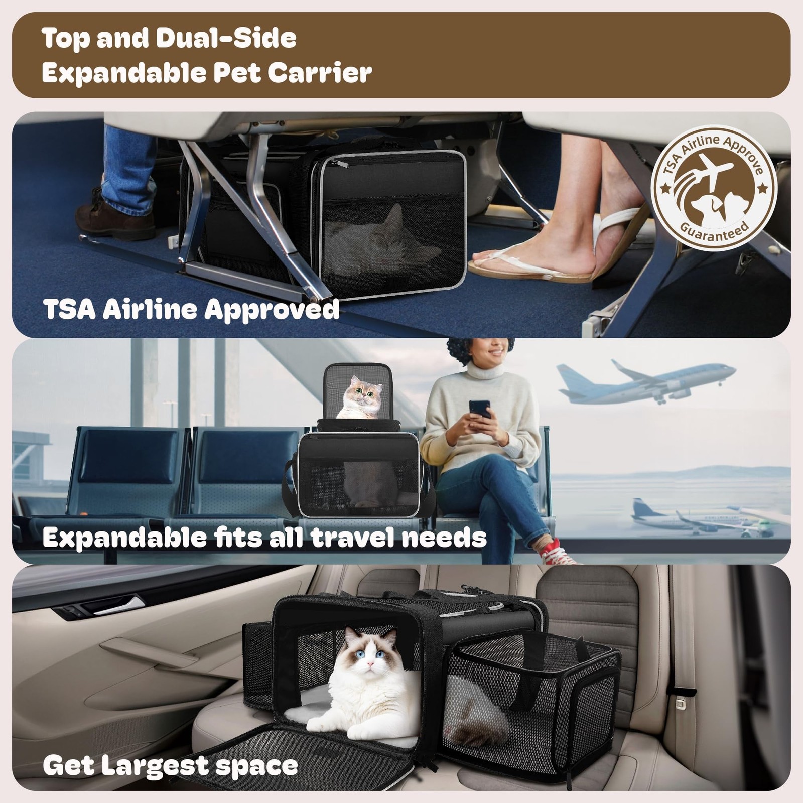 Top and 2 Sides Expandable Cat Carrier 18×13.5×9.5, TSA Airline Approved Dog …