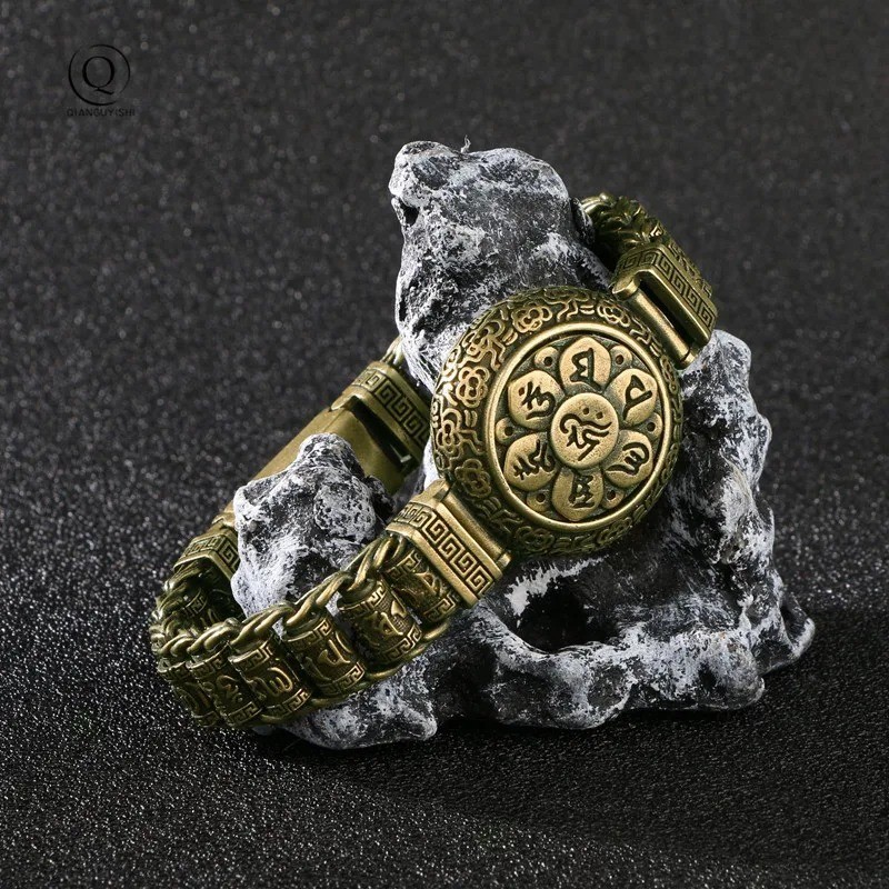 Pure Copper Buddhist Mantra Cuff Bangle Rotating Brass Lucky Bracelet Spiritual
