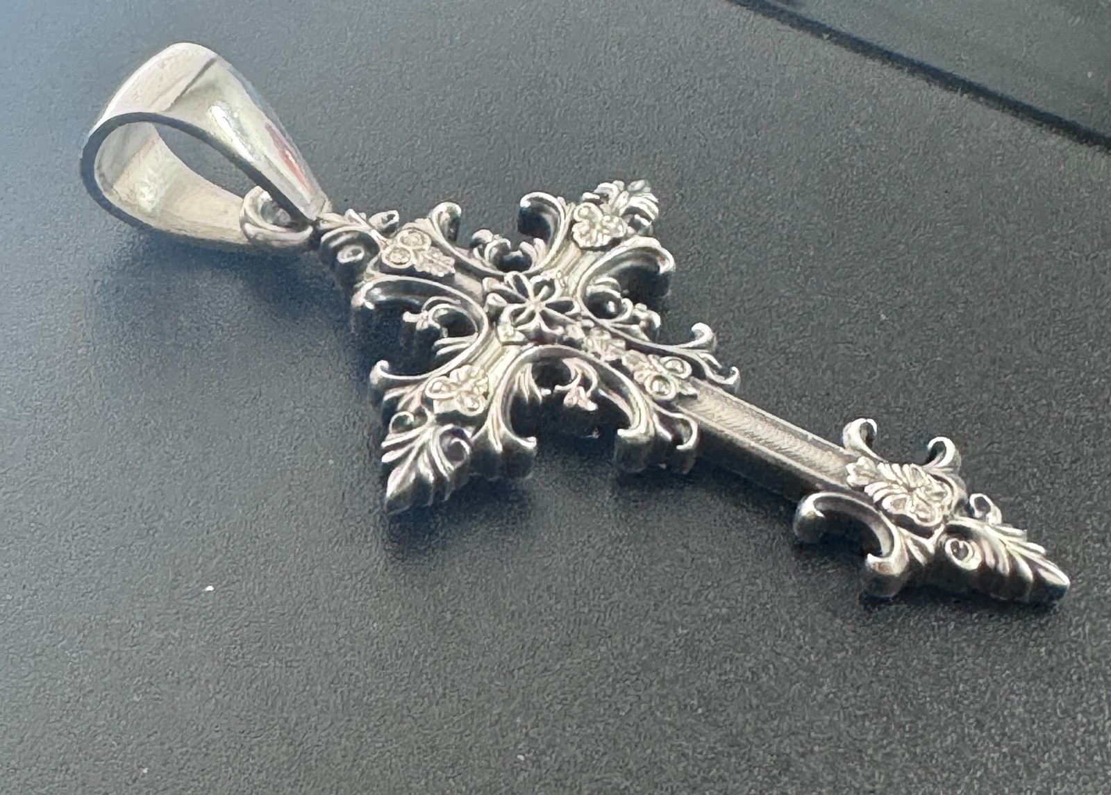 Oxidized Gothic Cross Charm Pendant 2.5″ Polished Solid Sterling Silver .925
