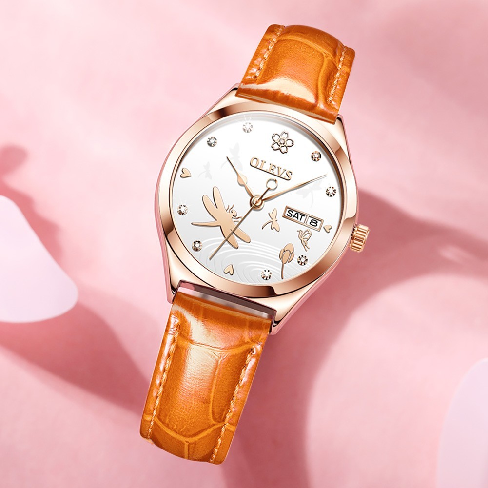 OLEVS 6611 Leather Dragonfly Style Automatic Female Dress Mechanical Wristwatch