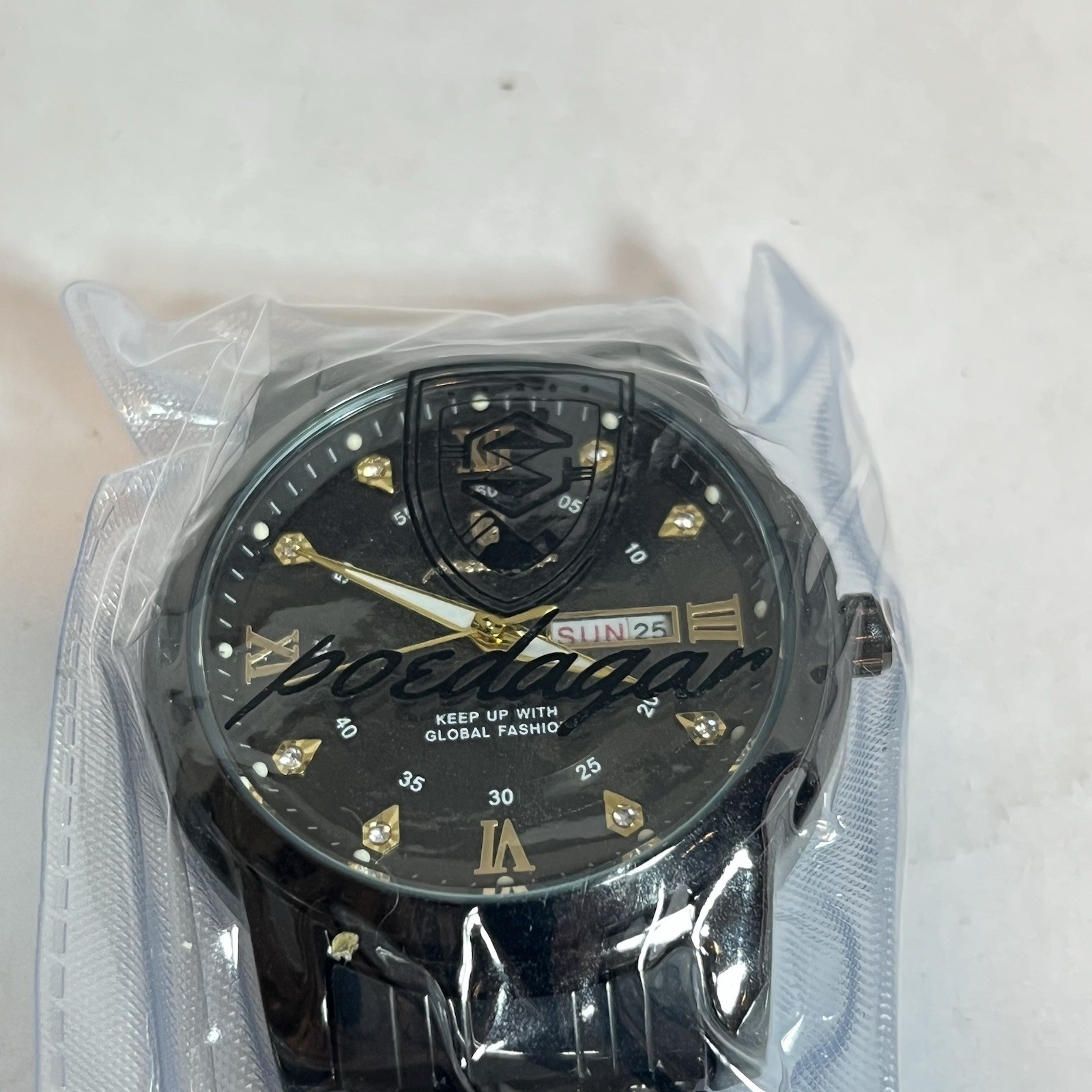 POEDAGAR 910 Mens Black Gold Rhinestone Day Date Quartz Bracelet Watch New