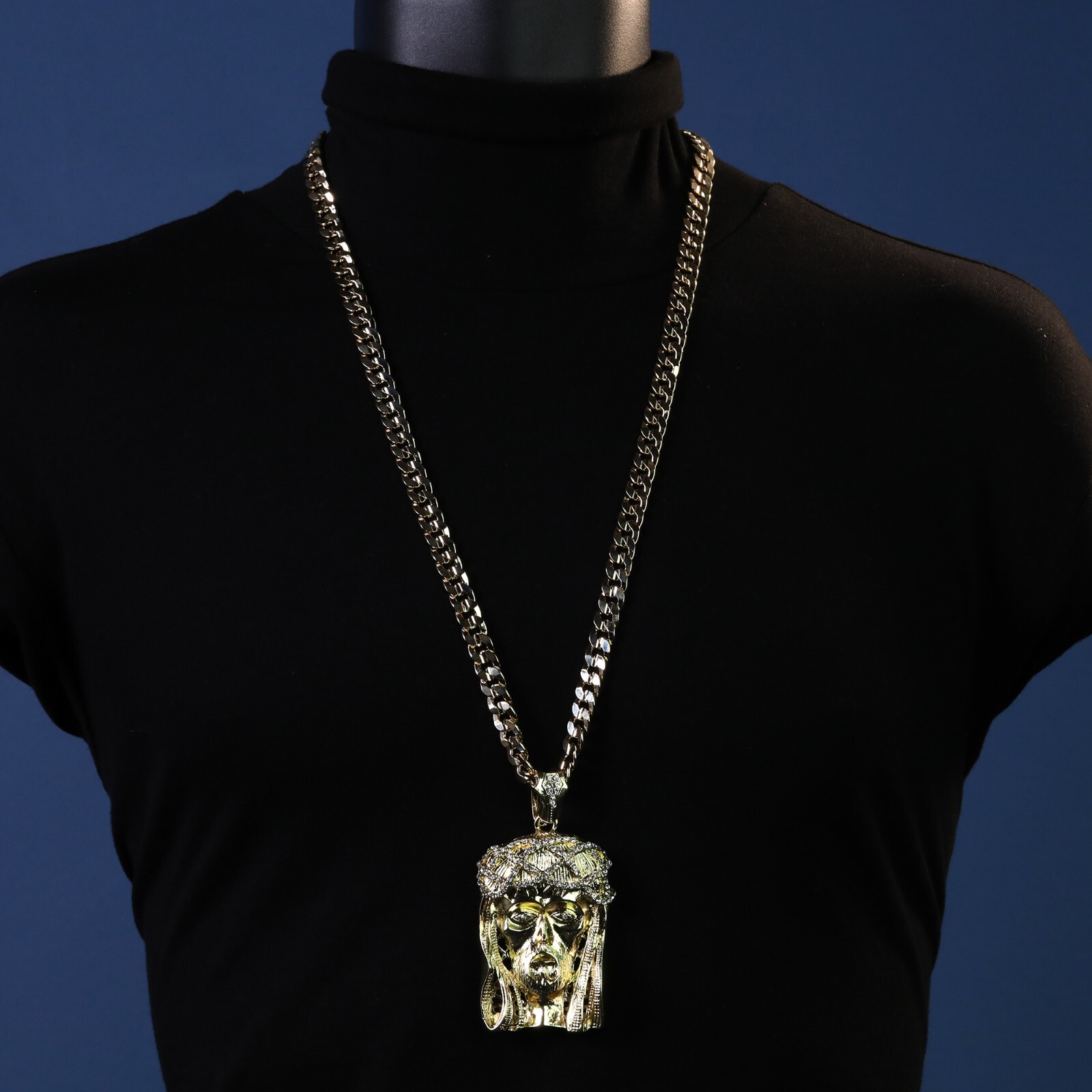 14k Gold Plated 30″ Cuban Chain Iced Cubic Zirconia Crowned Jesus Large Pendant