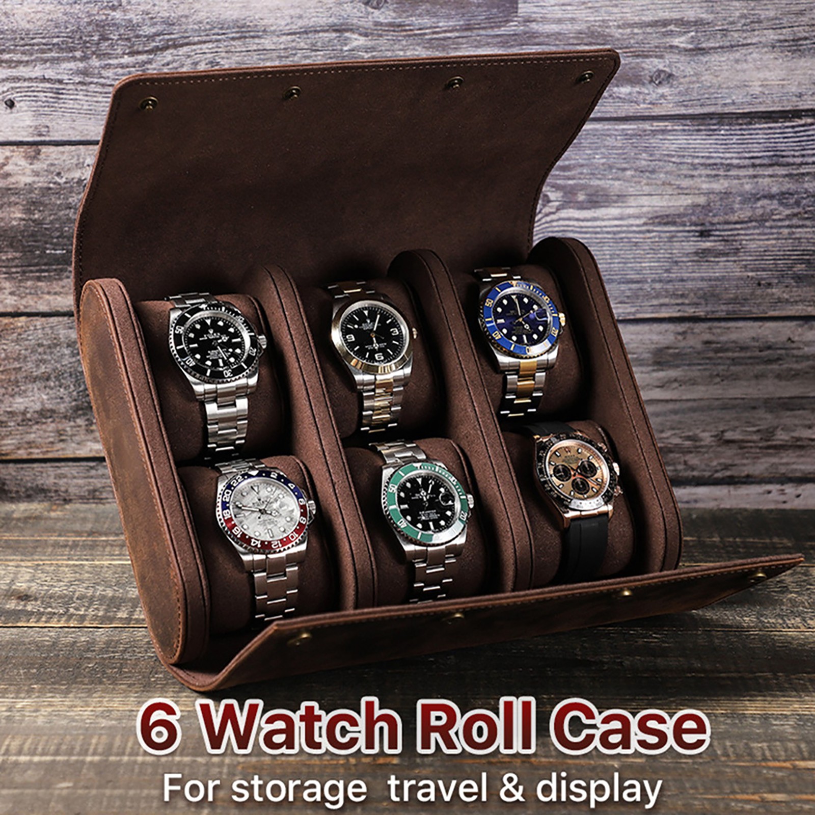 6-Slot Watch Roll Storage Box Genuine Leather Jewellry Display Travel Case NEW