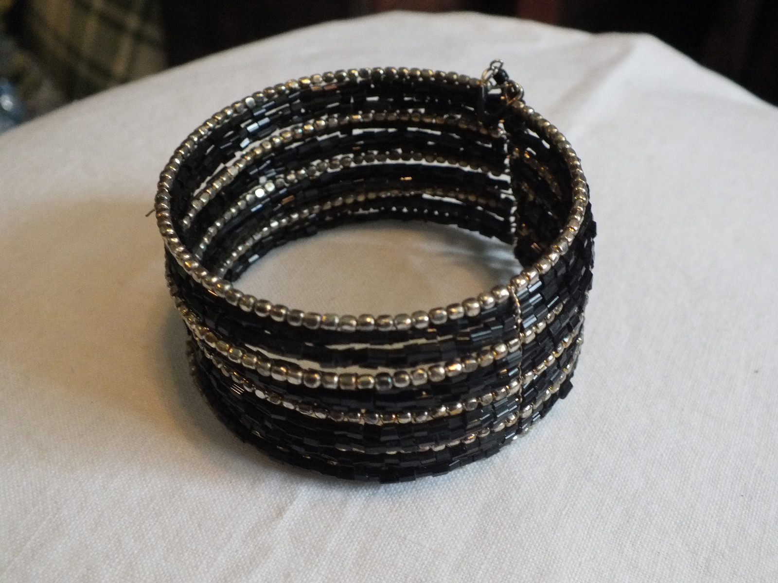 Beautiful Wrap Cuff Bracelet Black Silve Beads 1 1/4 Inch Wide NICE