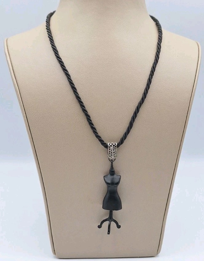 Black Mannequin Dress Form Art Pendant Necklace Black Braided Cord 19″-20″ *RARE