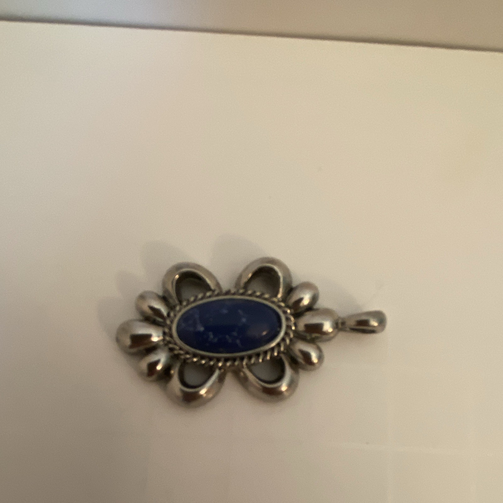 Silver Tone Floral Charm Pendant Blue Oval Cabochon Bezel Set Metal
