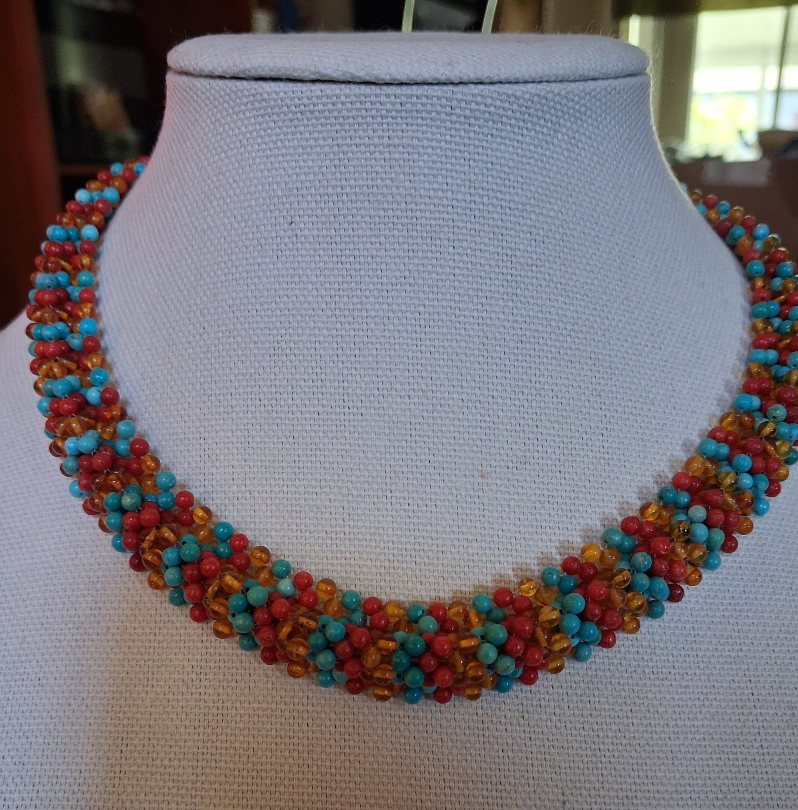Jay King Sterling Silver Angel Peak Turquoise, Coral & Amber Woven Bead Necklace