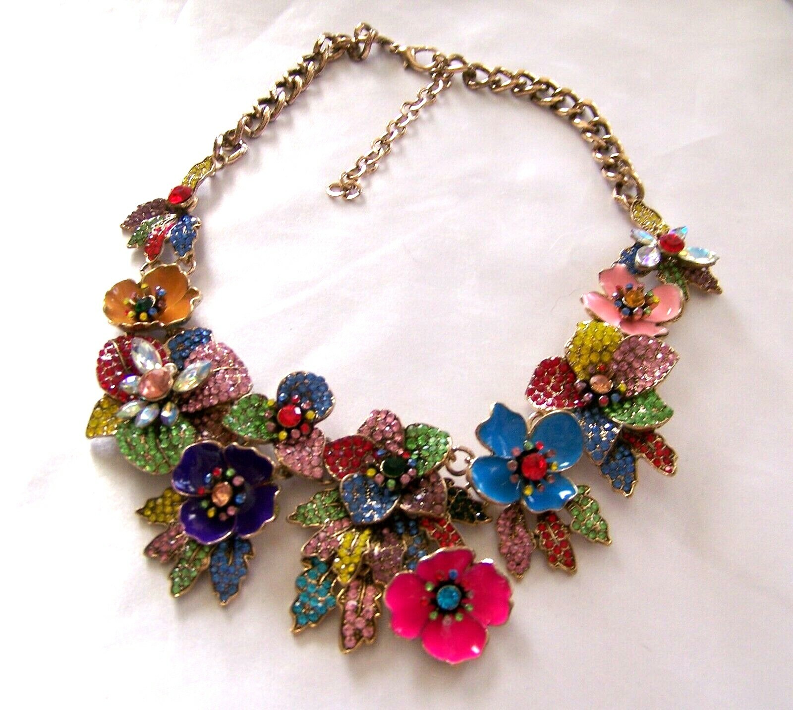 MULTI COLOR FLORAL BOUQUET VTG Style Pave Rhinestone Enamel Bib Necklace