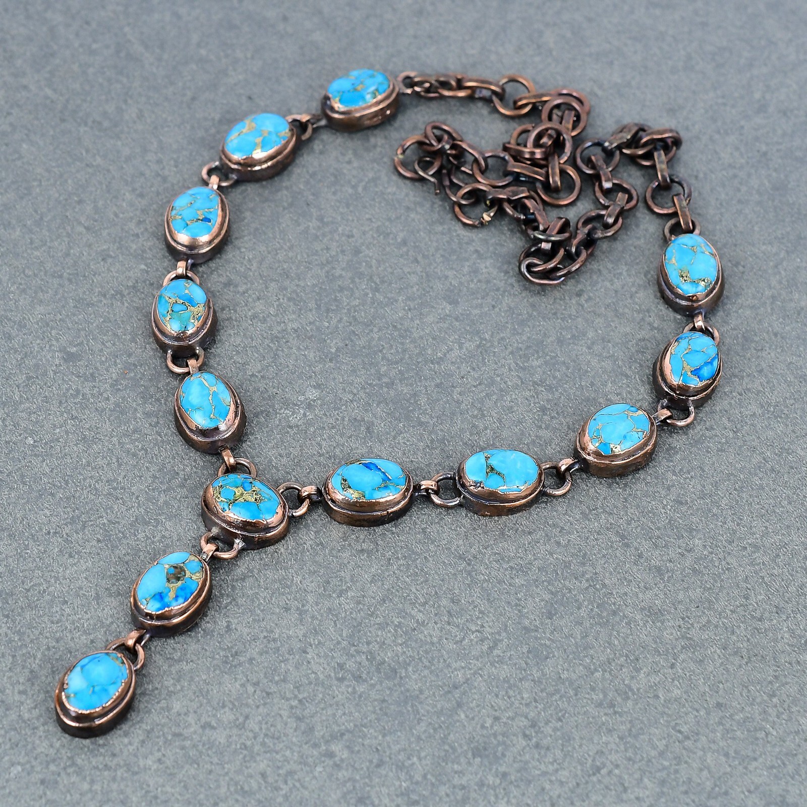 Copper Oval Copper Blue Turquoise Gemstone Electroformed Chain Necklace Jewelry