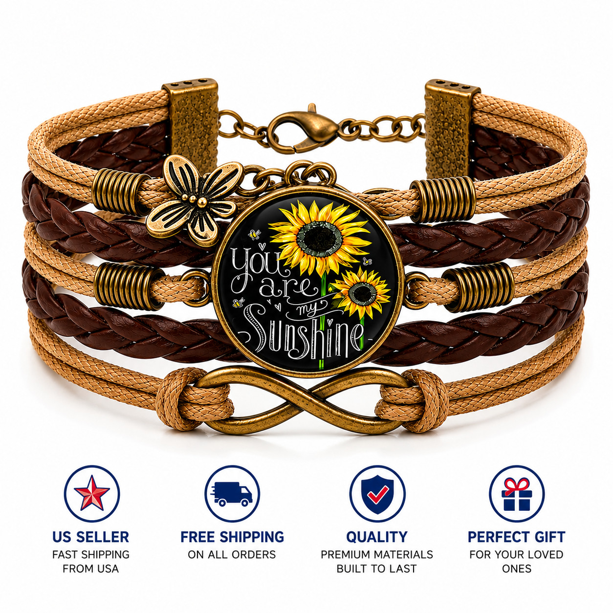 You Are My Sunshine Sunflower Leather Bracelet Butterfly Charm Gift for Her