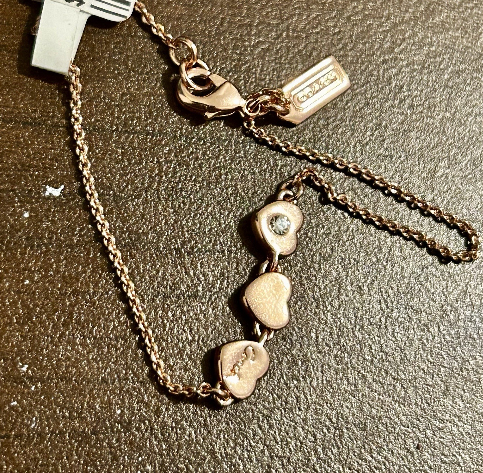 Coach Rose Gold Three Heart Crystal Slider Bracelet NWT