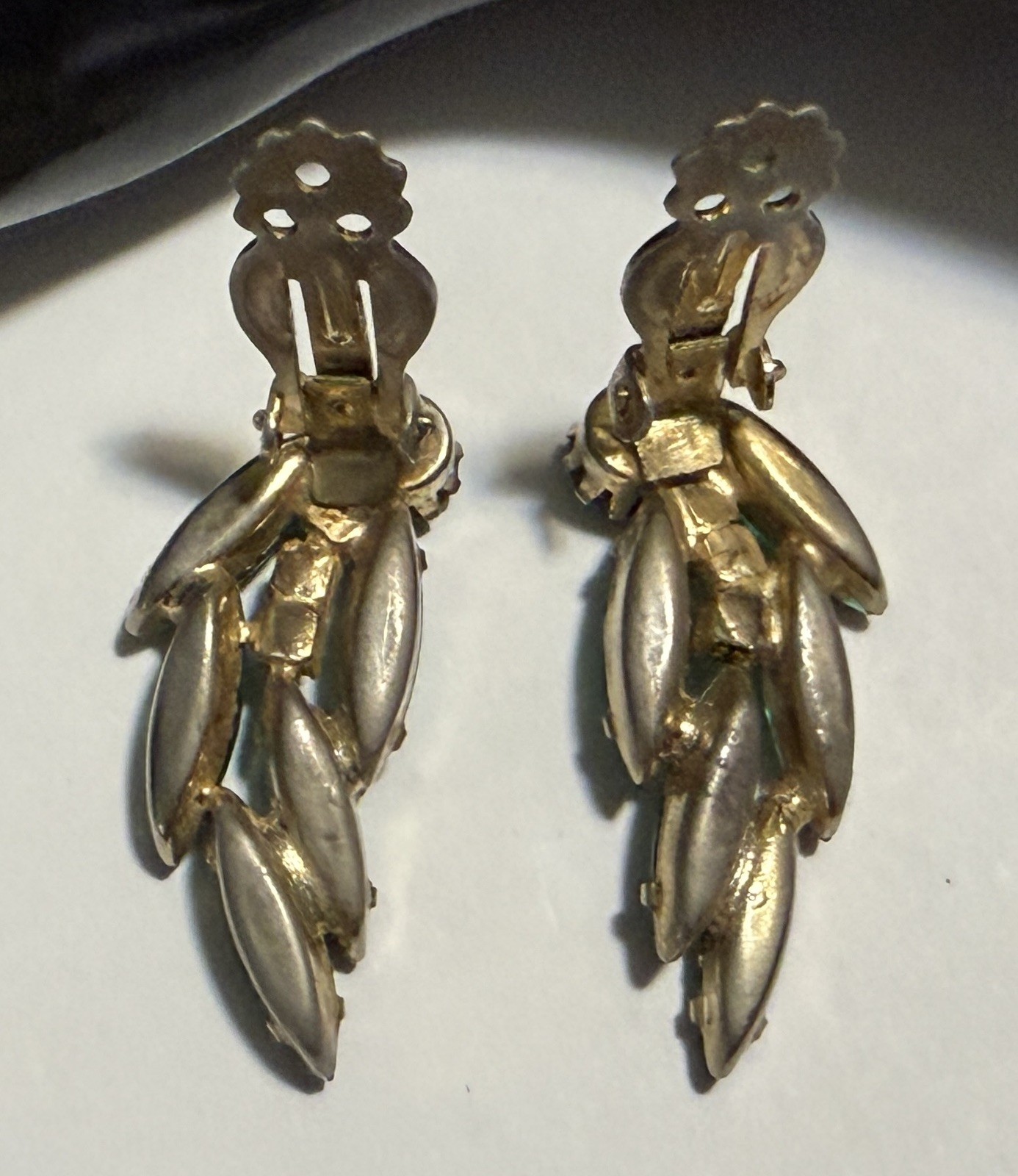 Vintage Unsigned Sherman ? Green & Teal Navette Rhinestone Clip On Earrings
