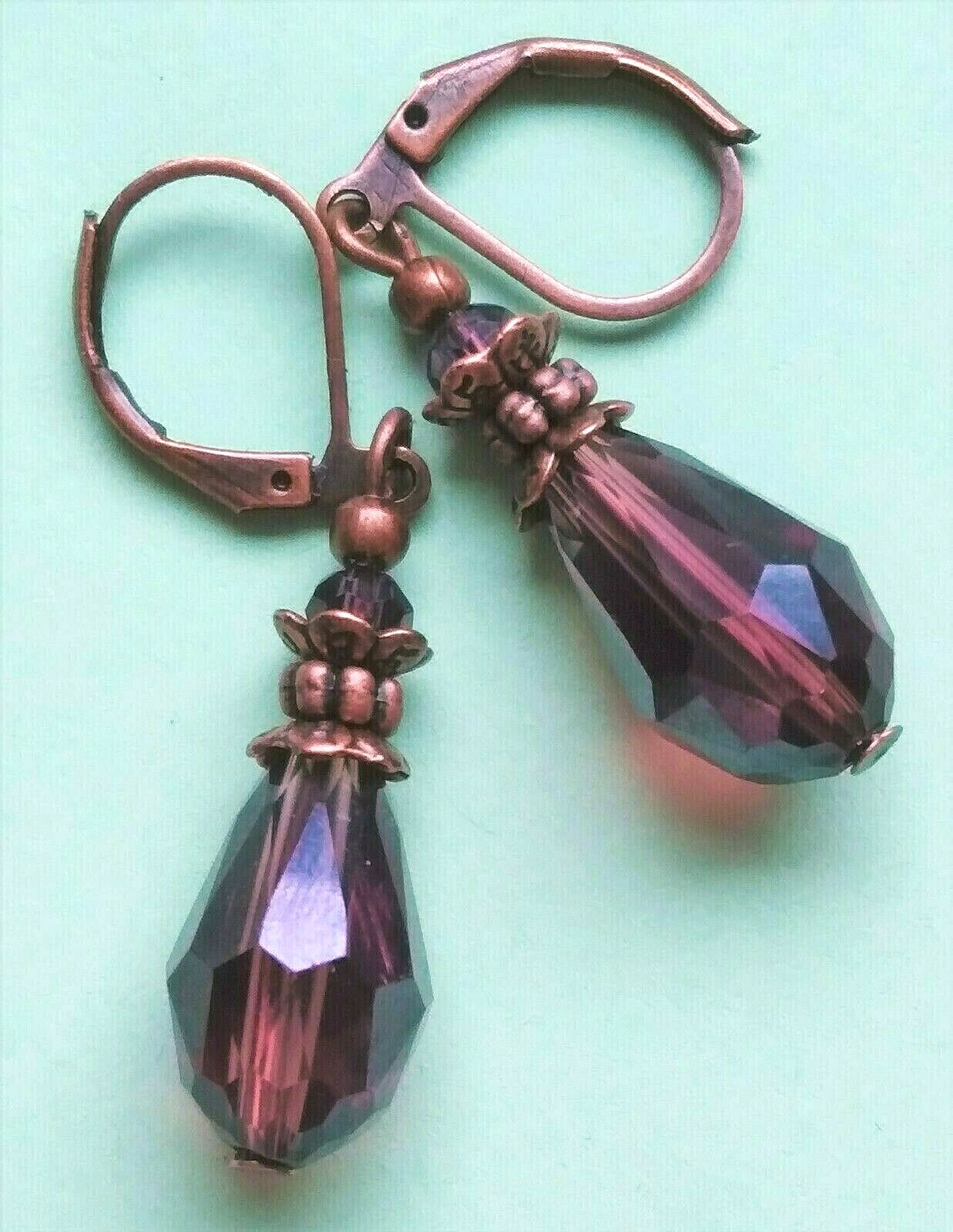 PURPLE PLUM Crystal teardrop earring COPPER LEVERBACK handmade XX