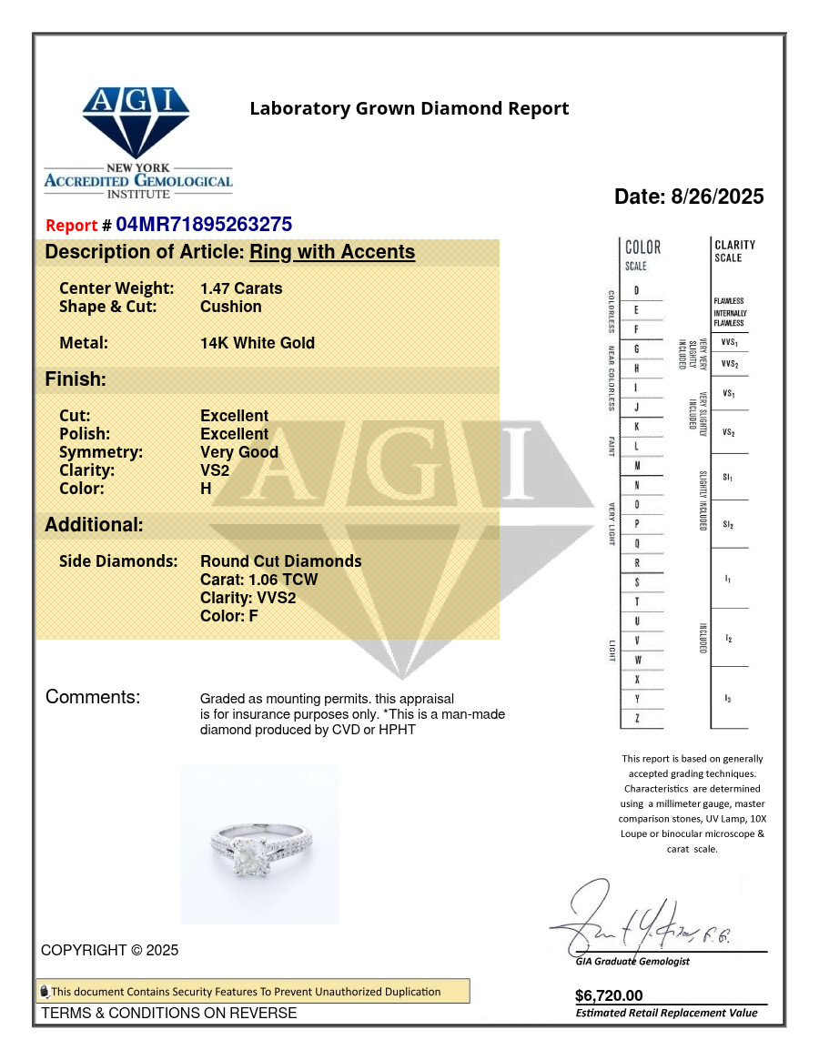 Side Stone Engagement Ring 14K Gold 2.53 Carat Cushion Lab-Grown Diamond H VS2