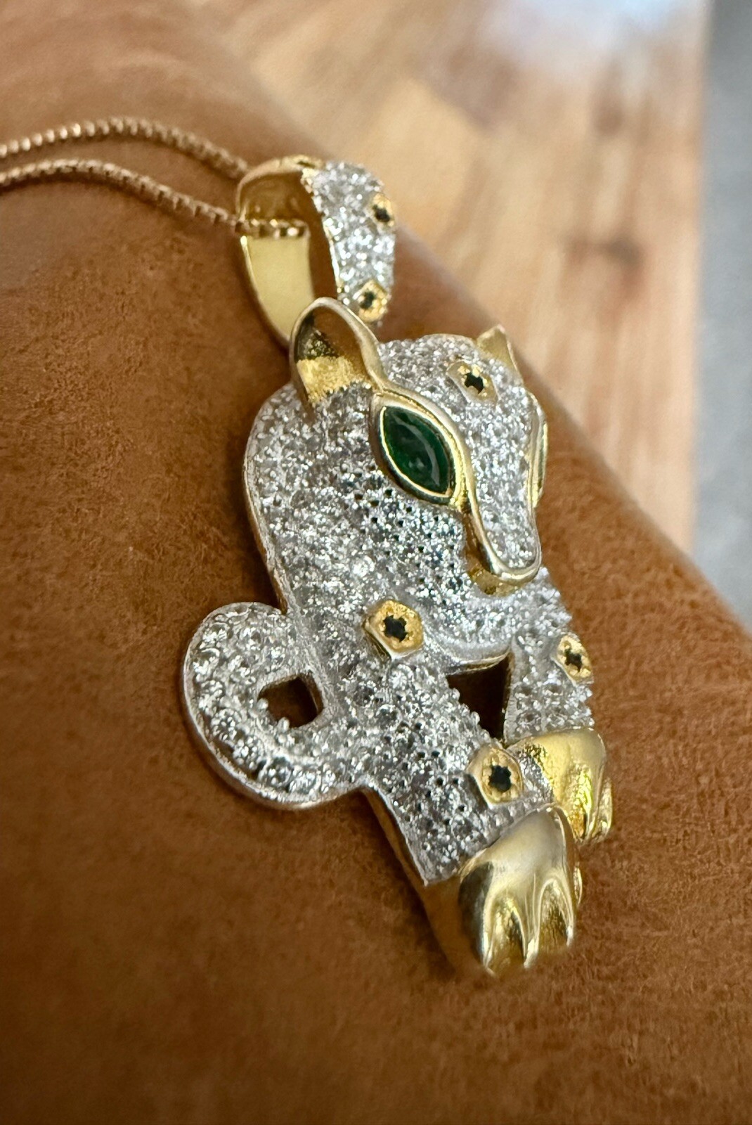 Cute Fuzion Creations Emerald Eyes Jaguar Pendant Gold Vermeil 925 Necklace 18″