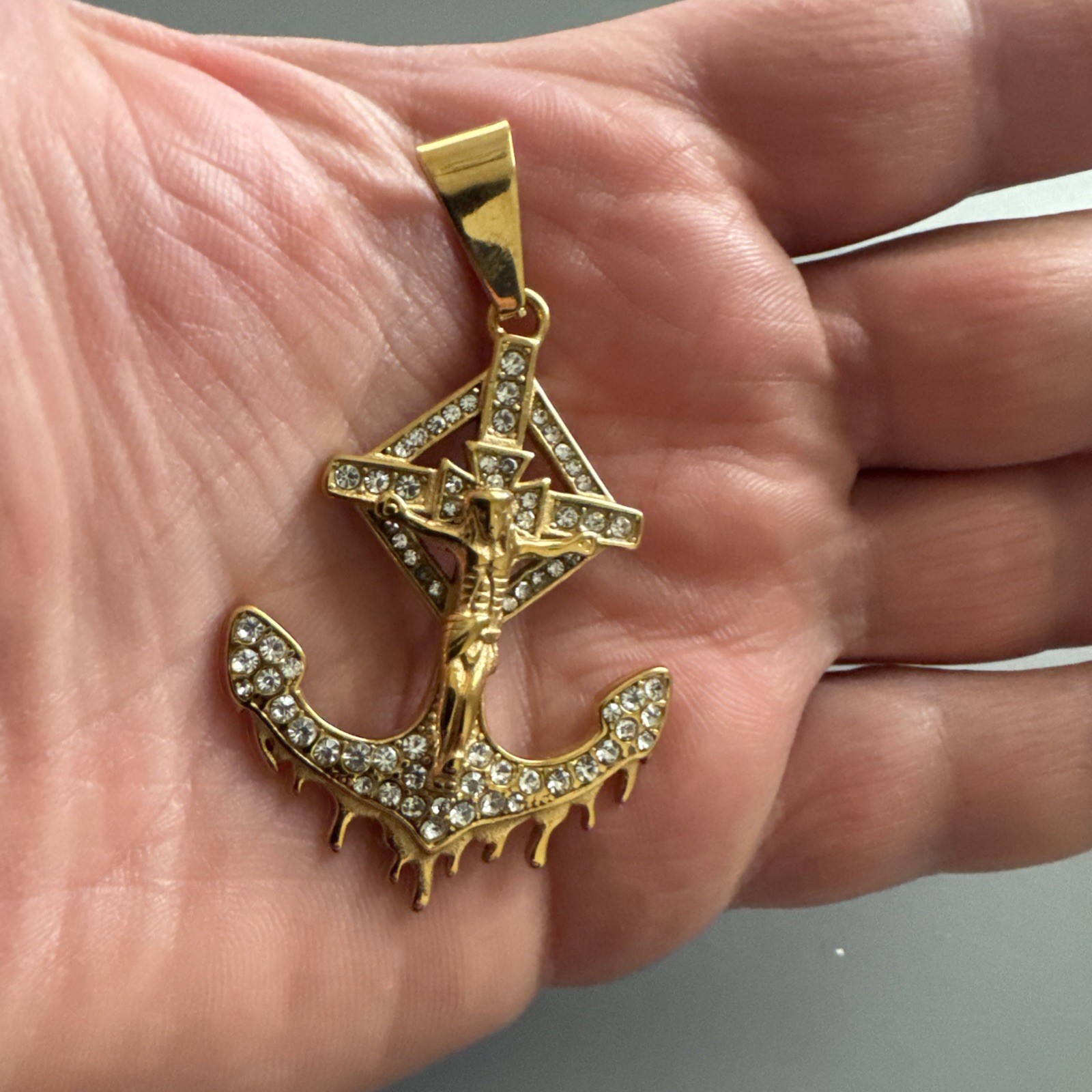 Gold Plated Cross Anchor Jesus Christ Stainless Steel Pendant 24” Necklace Boat